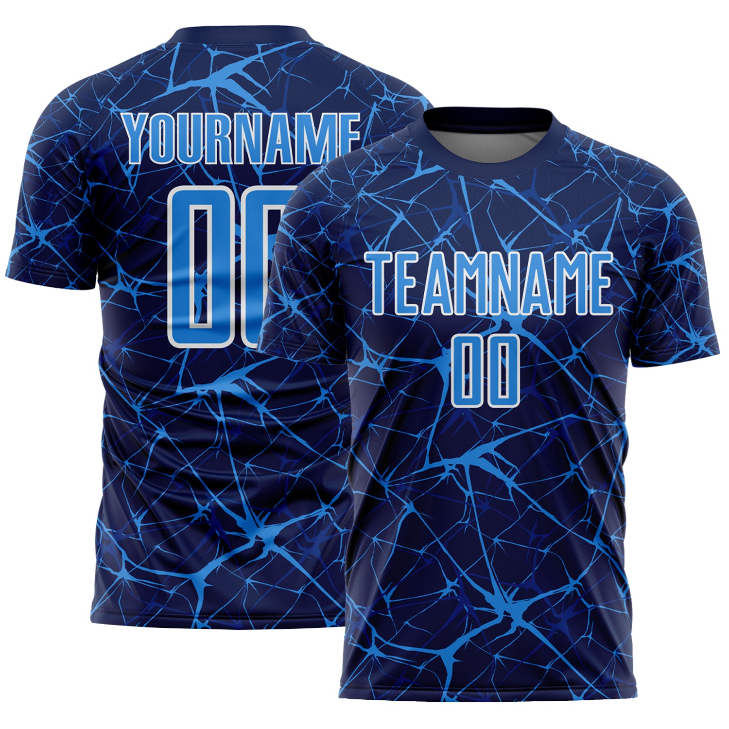 Custom Navy Powder Blue-White Abstract Network Crackle Sublimation Soccer Uniform Jersey