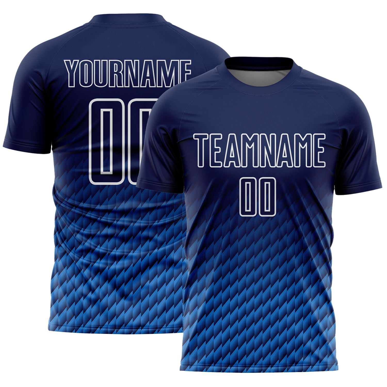 Custom Navy Powder Blue-White Geometric Wave Gradient Sublimation Soccer Uniform Jersey