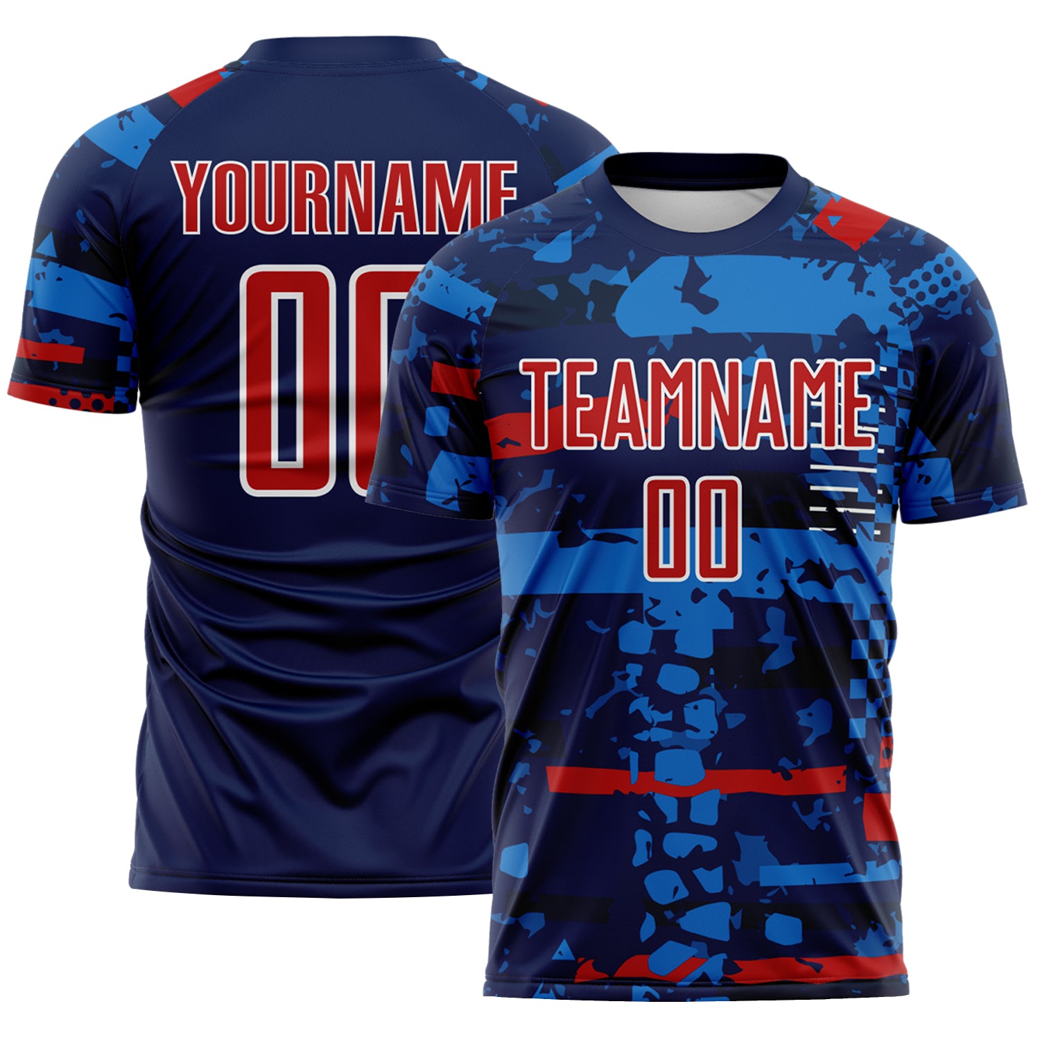 Custom Navy Red Blue-White Abstract Geometric Stripe Fragment Sublimation Soccer Uniform Jersey