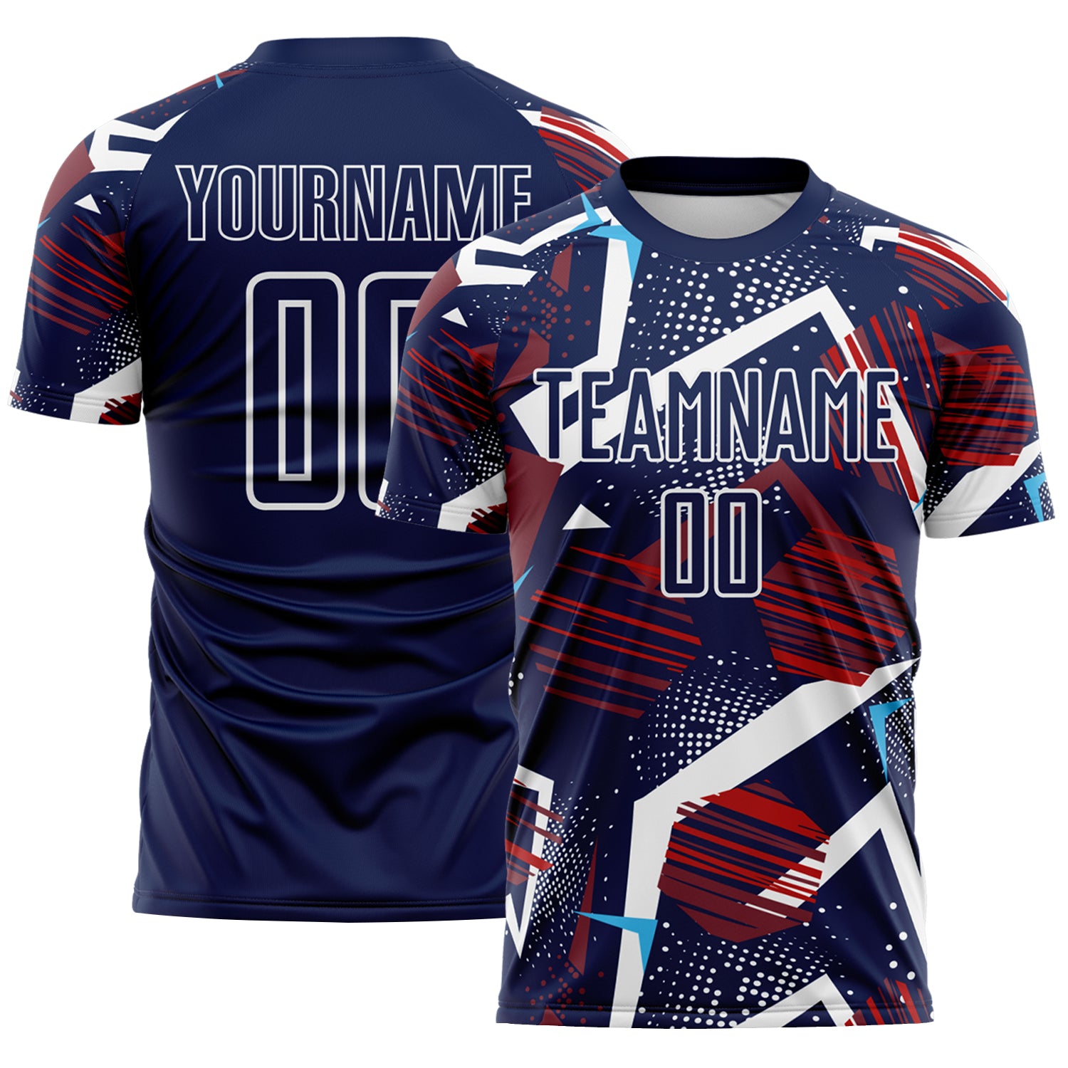 Custom Navy Red Blue-White Geometric Asymmetry Shatter Sublimation Soccer Uniform Jersey