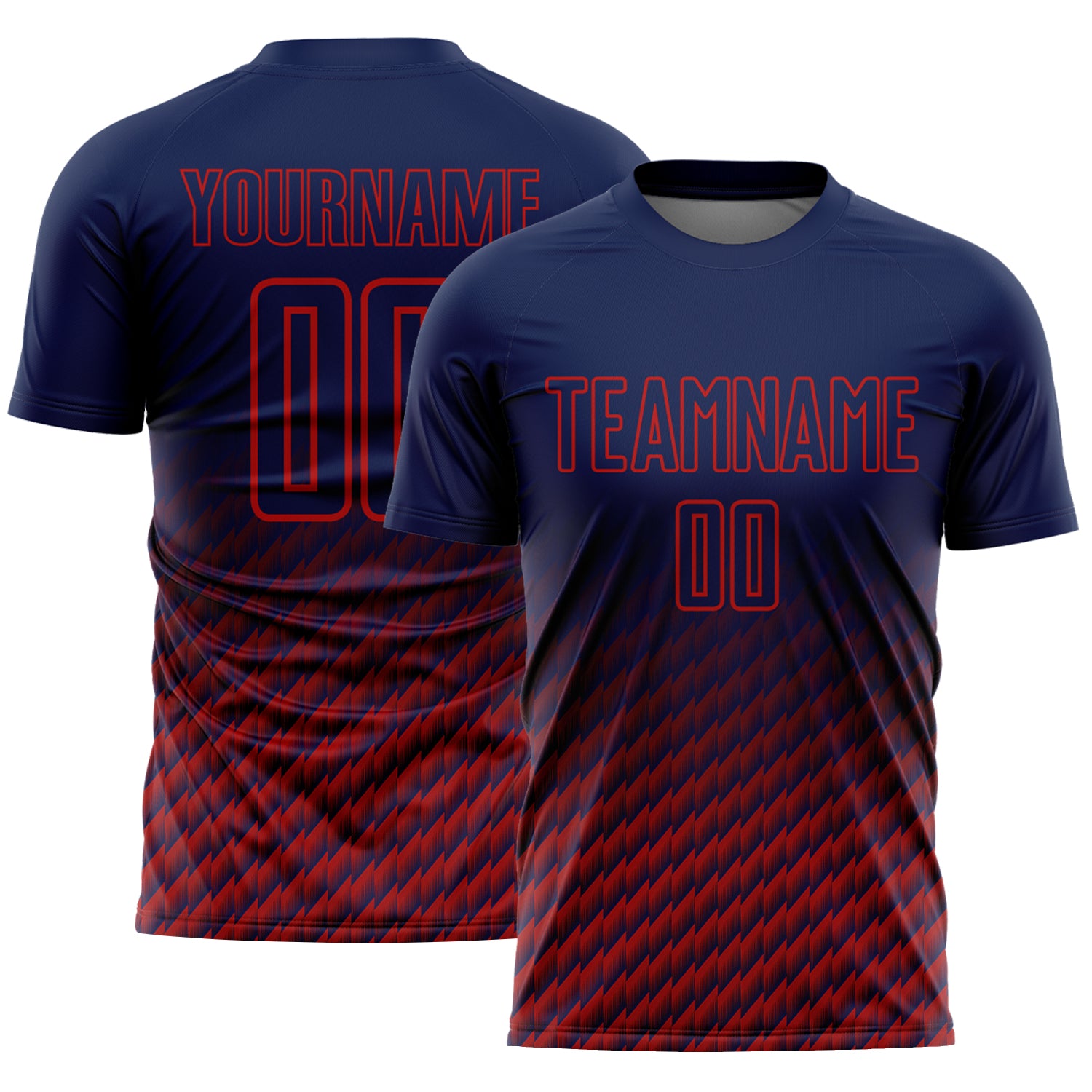 Custom Navy-Red Geometric Wave Gradient Sublimation Soccer Uniform Jersey