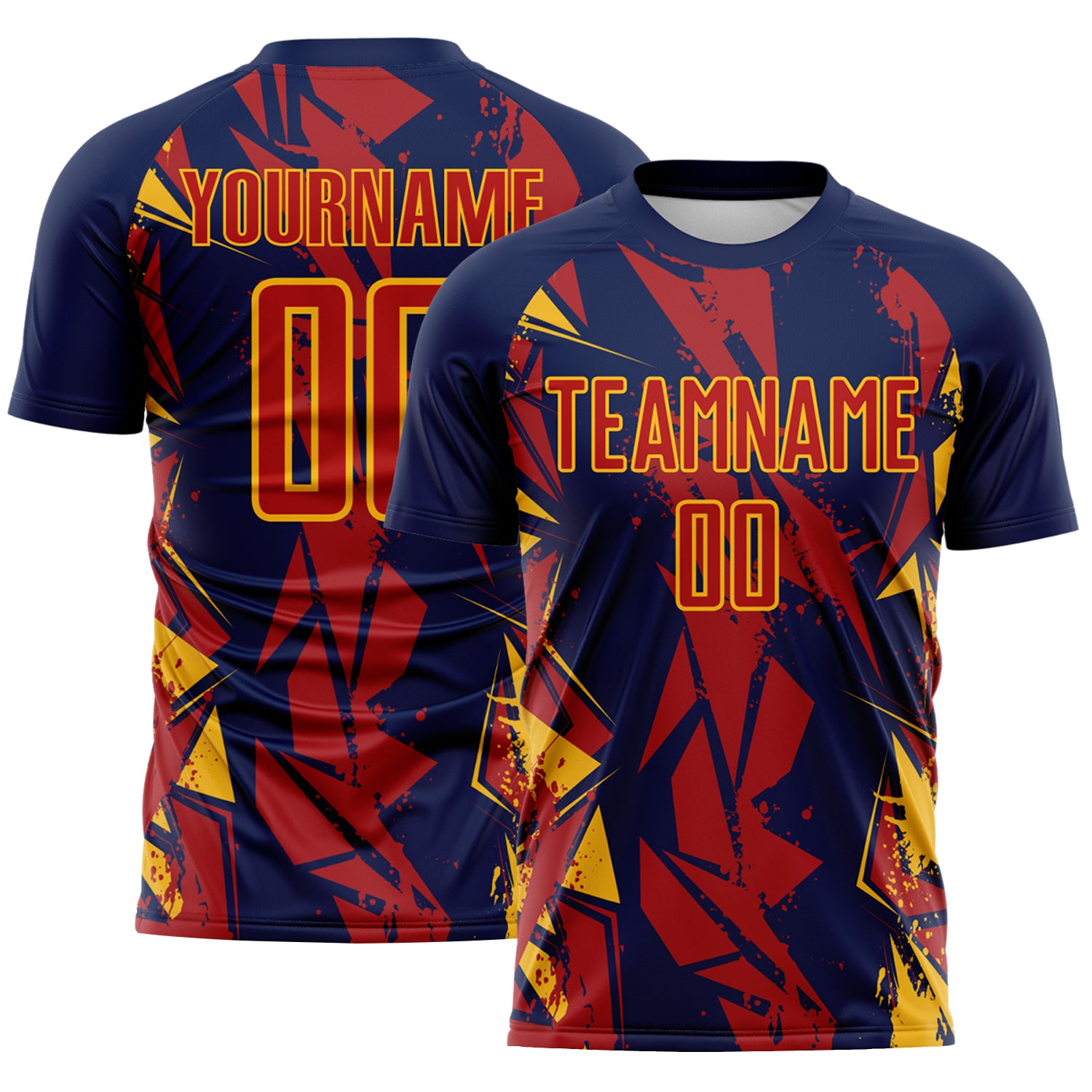 Custom Navy Red-Gold Geometric Shard Grunge Splash Sublimation Soccer Uniform Jersey