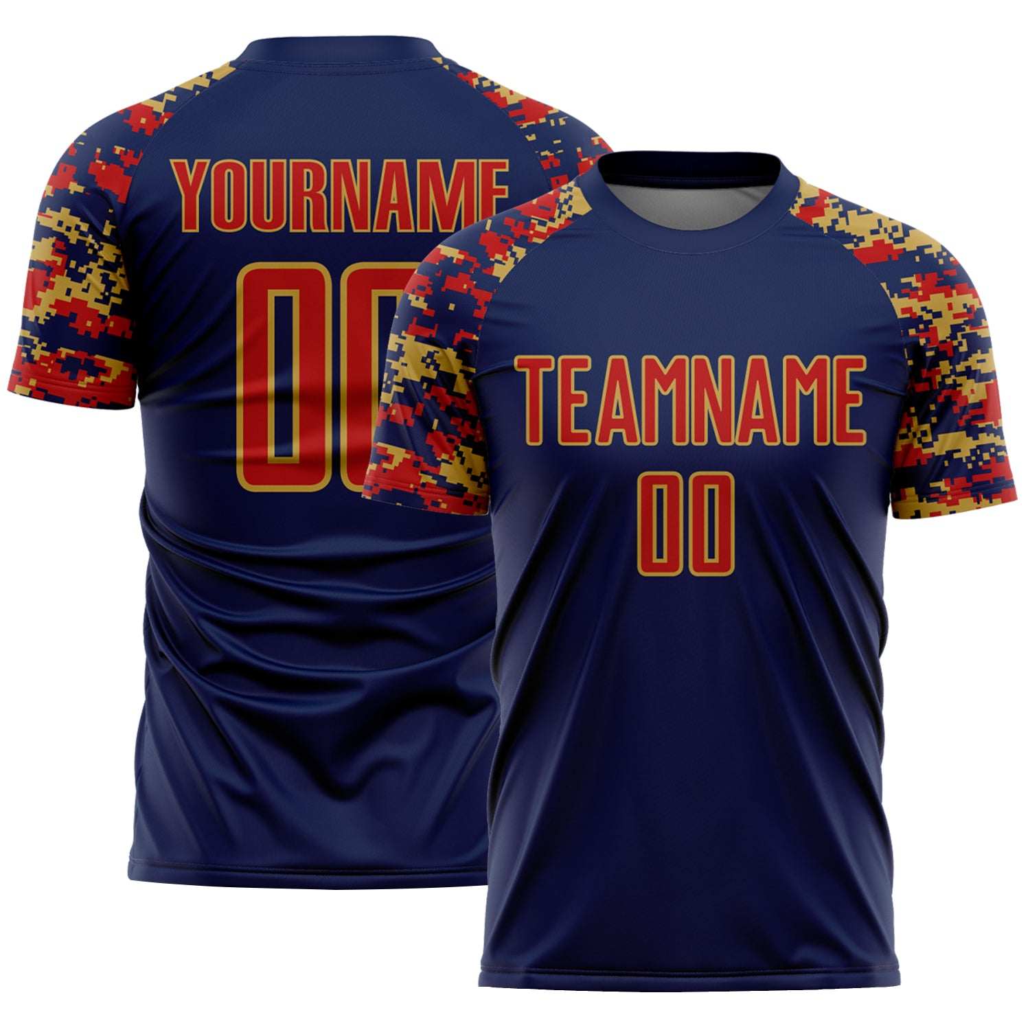 Custom Navy Red-Old Gold Digital Camo Raglan Sleeves Sublimation Soccer Uniform Jersey