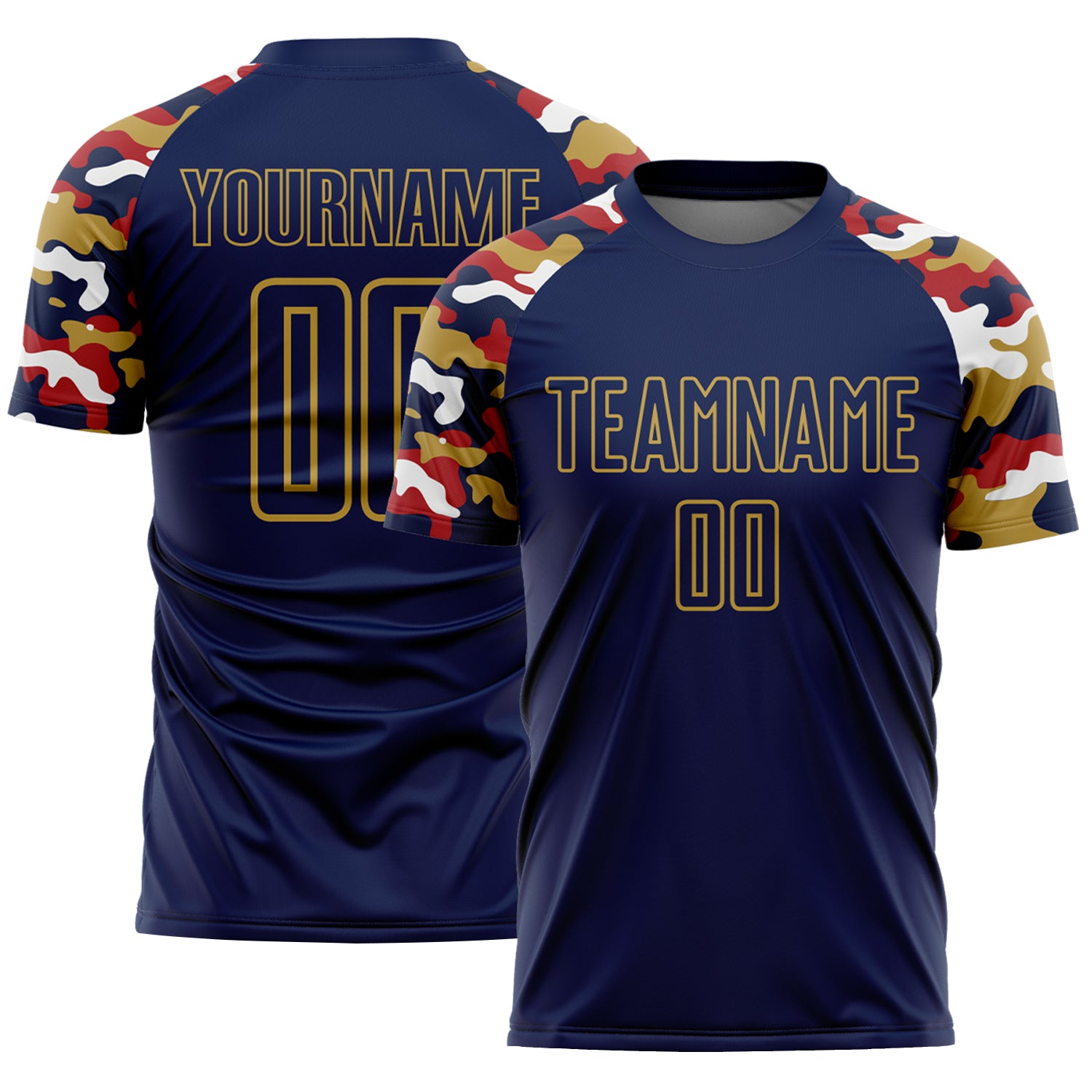 Custom Navy Red Old Gold-White Digital Camo Raglan Sleeves Sublimation Soccer Uniform Jersey