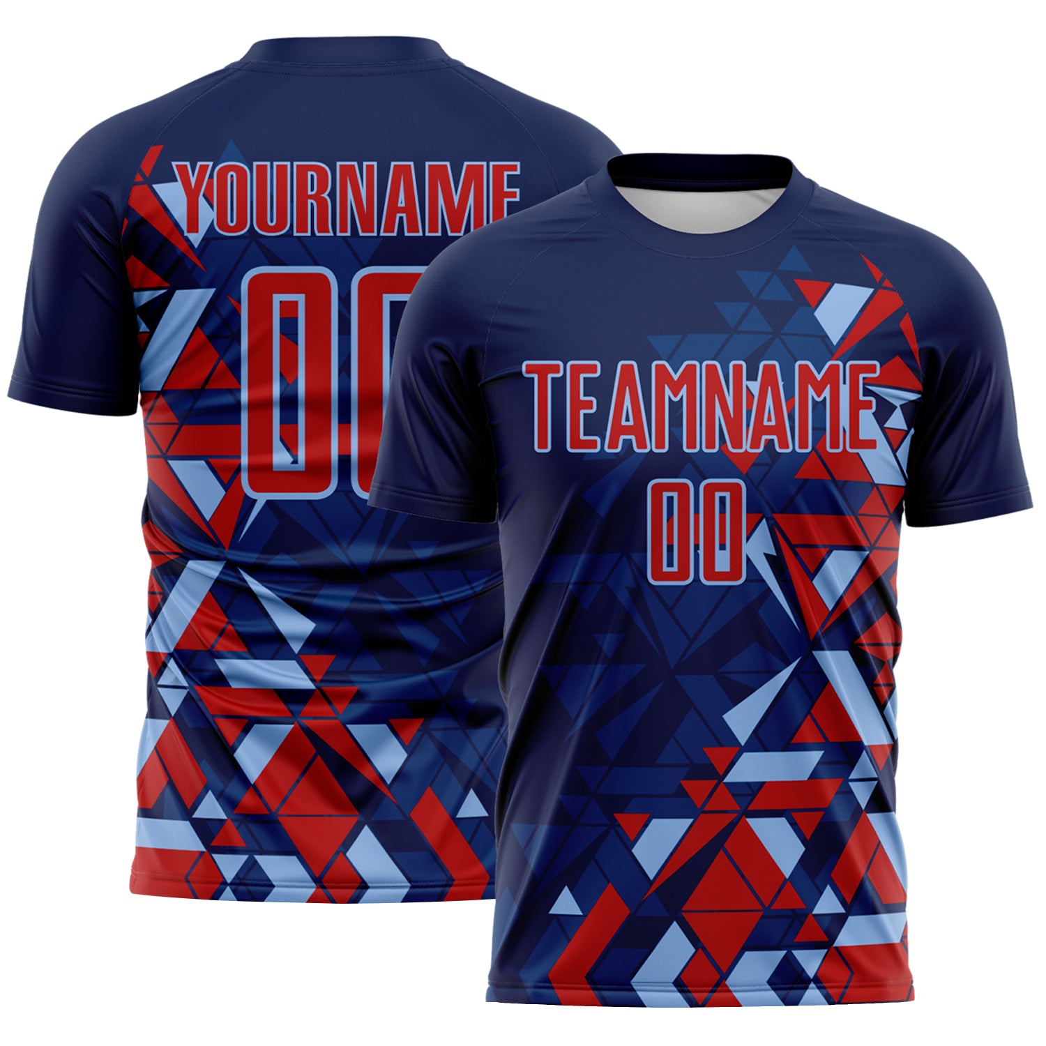 Custom Navy Red US Navy Blue-Light Blue Geometric Grid Gradient Sublimation Soccer Uniform Jersey