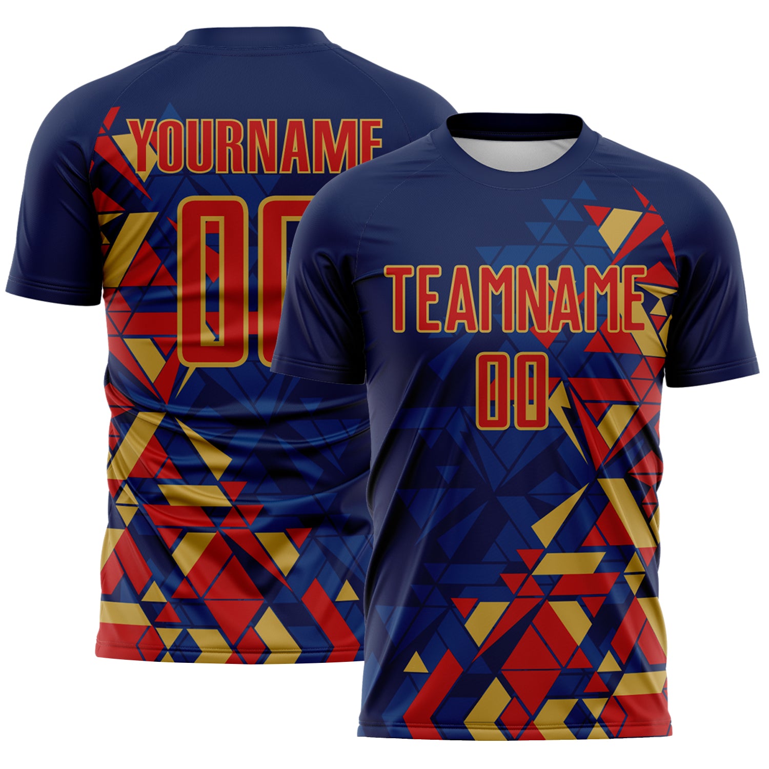 Custom Navy Red US Navy Blue-Old Gold Geometric Grid Gradient Sublimation Soccer Uniform Jersey