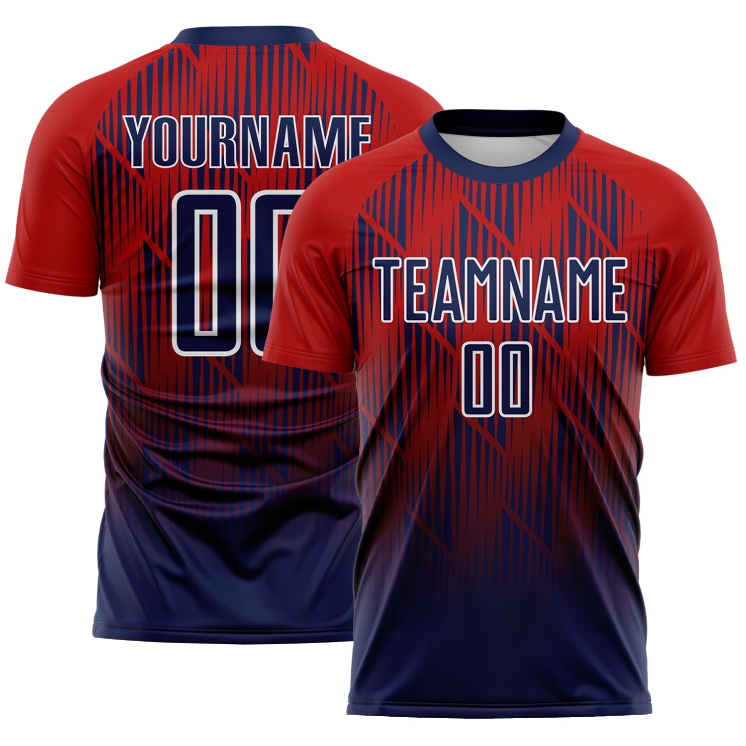 Custom Navy Red-White Spiked Sharp Lines Gradient Sublimation Soccer Uniform Jersey