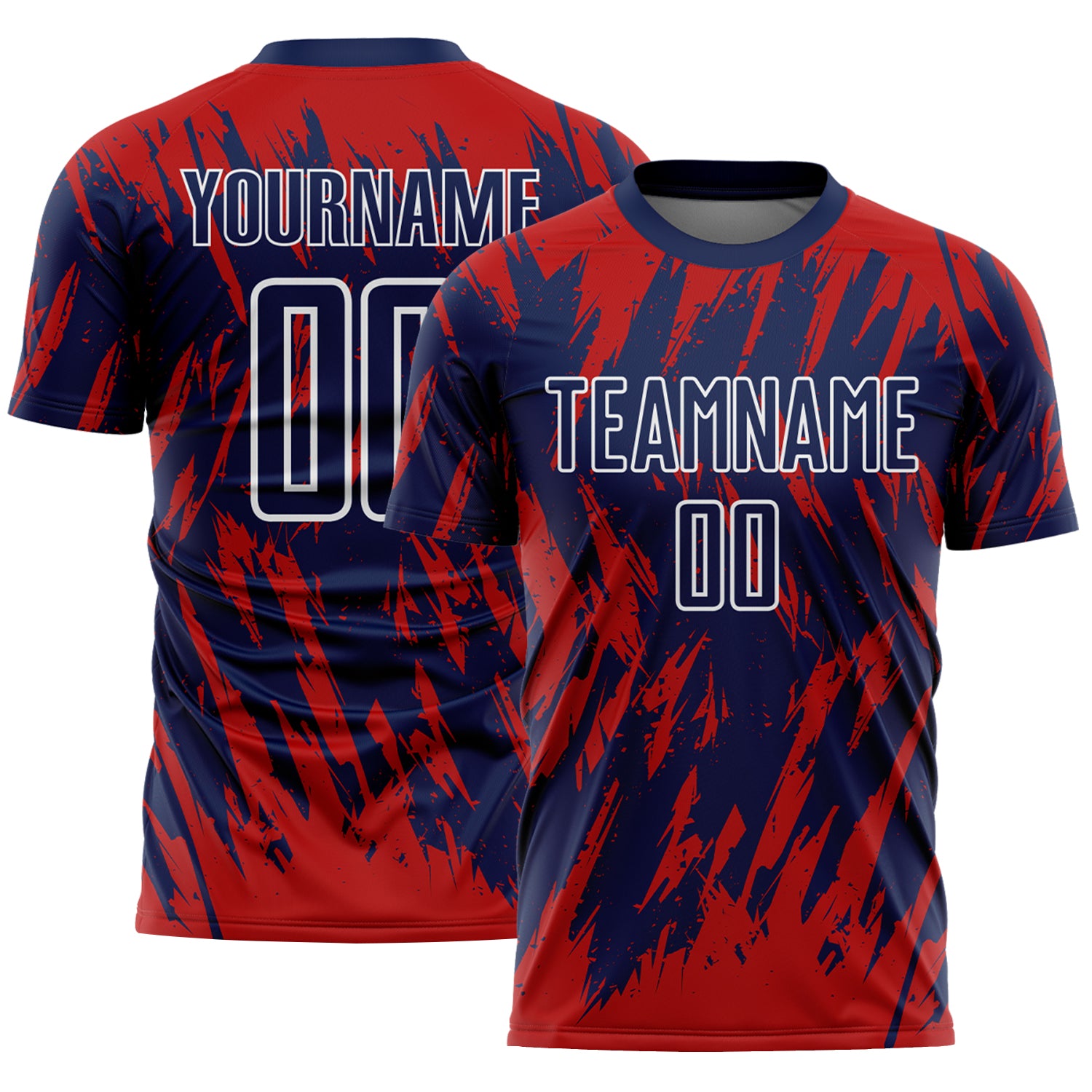 Custom Navy Red-White Splatter Torn Sharp Brush Stroke Sublimation Soccer Uniform Jersey