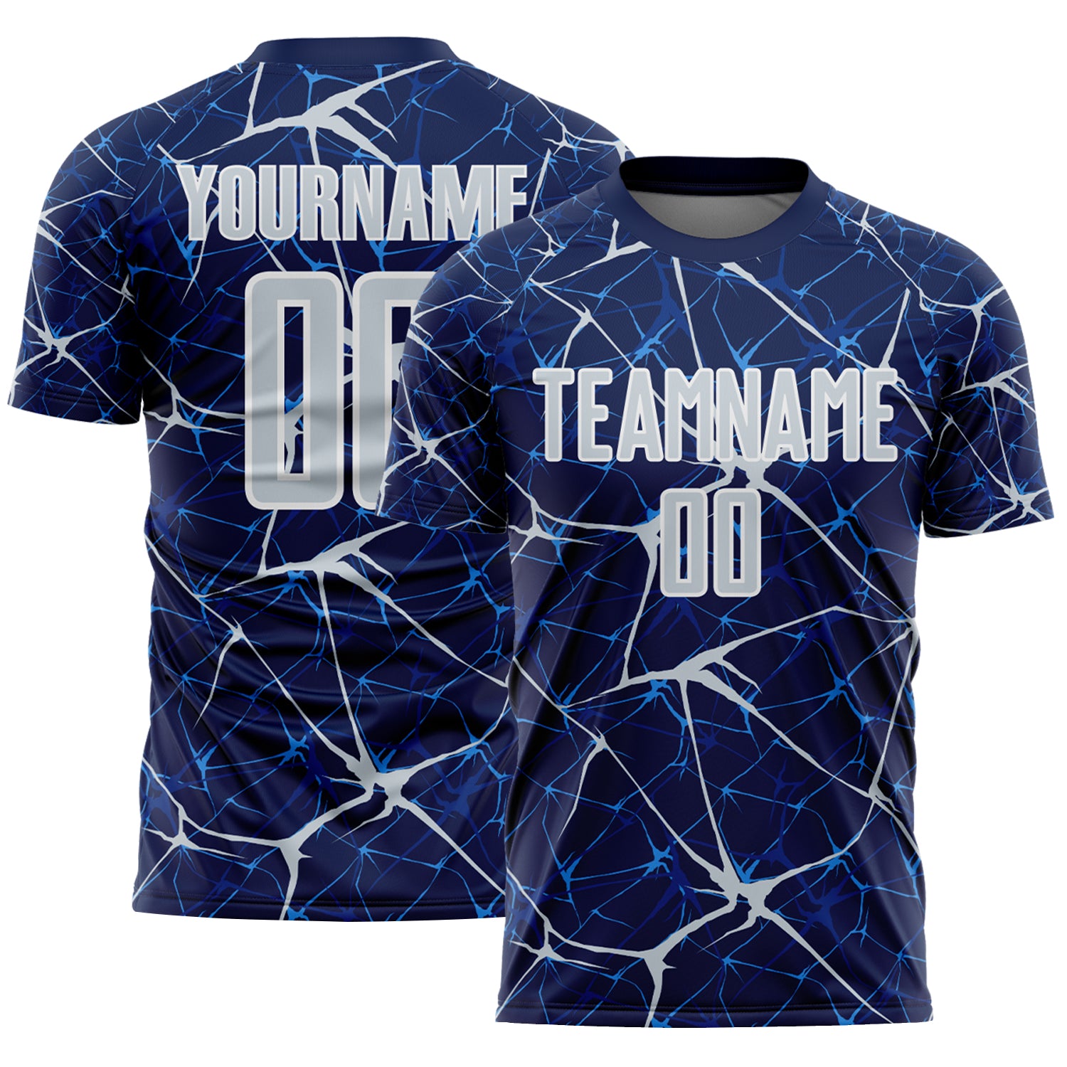 Custom Navy Silver-White Abstract Network Crackle Sublimation Soccer Uniform Jersey