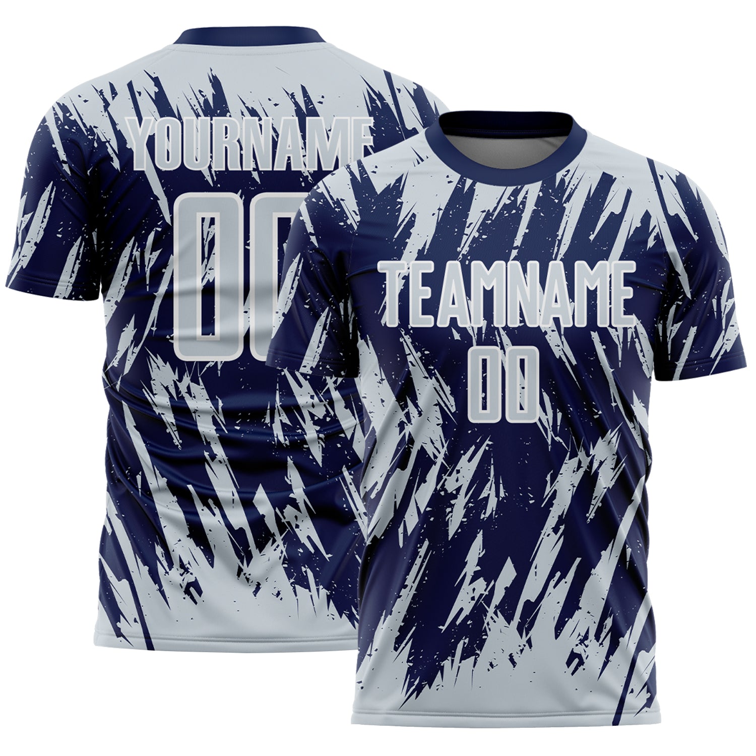 Custom Navy Silver-White Splatter Torn Sharp Brush Stroke Sublimation Soccer Uniform Jersey