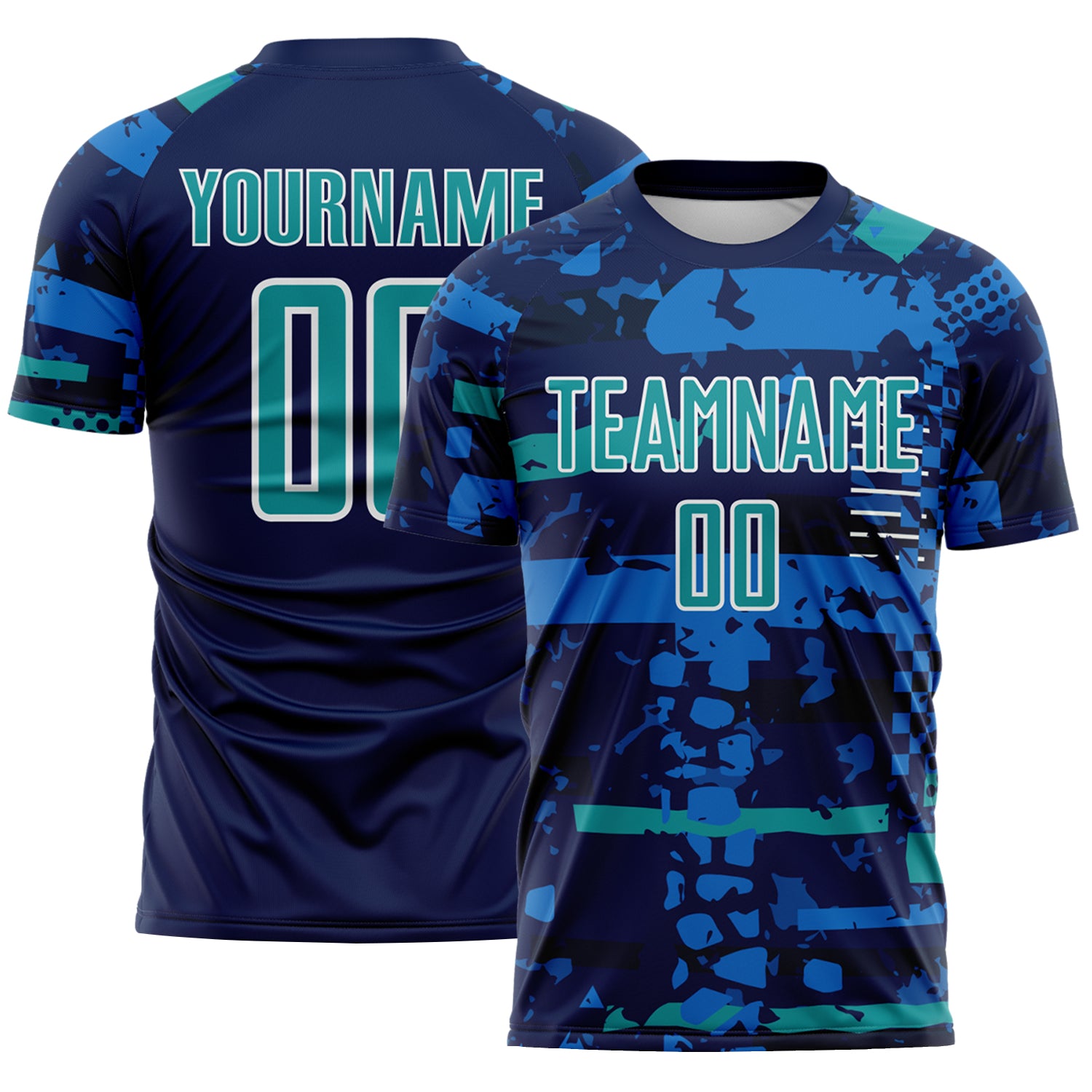 Custom Navy Teal Blue-White Abstract Geometric Stripe Fragment Sublimation Soccer Uniform Jersey