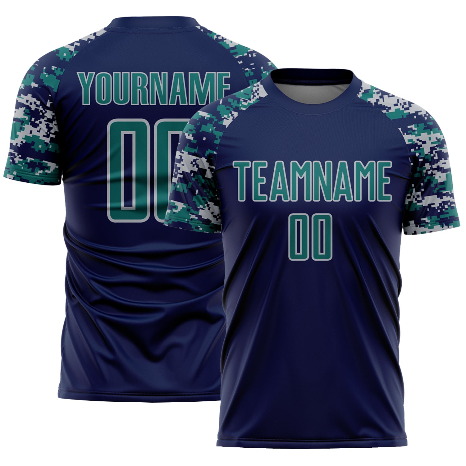 Custom Navy Teal-Gray Digital Camo Raglan Sleeves Sublimation Soccer Uniform Jersey