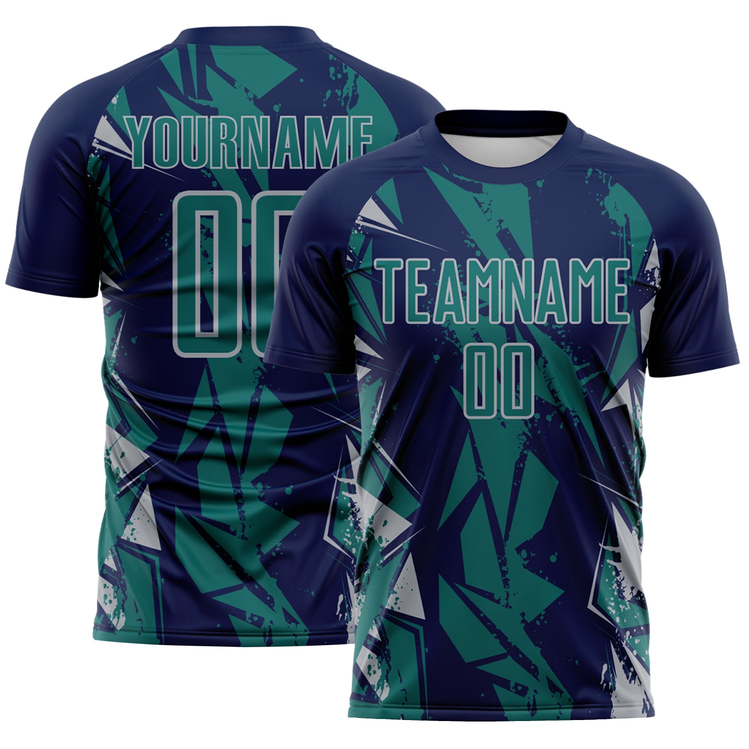 Custom Navy Teal-Gray Geometric Shard Grunge Splash Sublimation Soccer Uniform Jersey