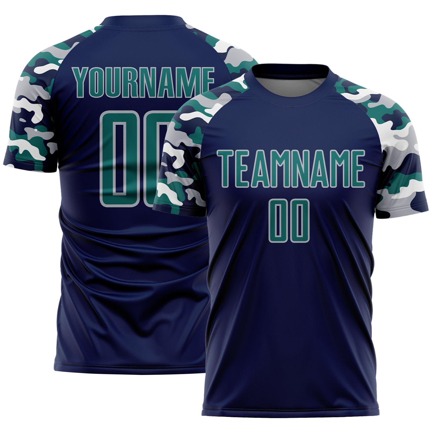 Custom Navy Teal Gray-White Digital Camo Raglan Sleeves Sublimation Soccer Uniform Jersey