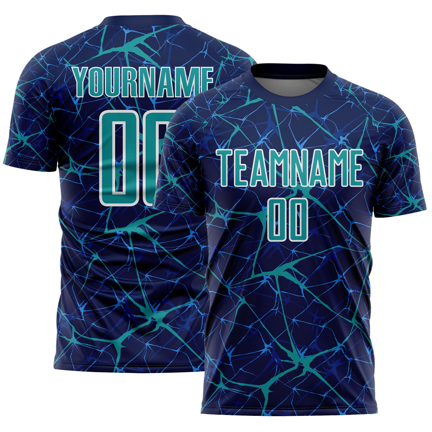 Custom Navy Teal-White Abstract Network Crackle Sublimation Soccer Uniform Jersey