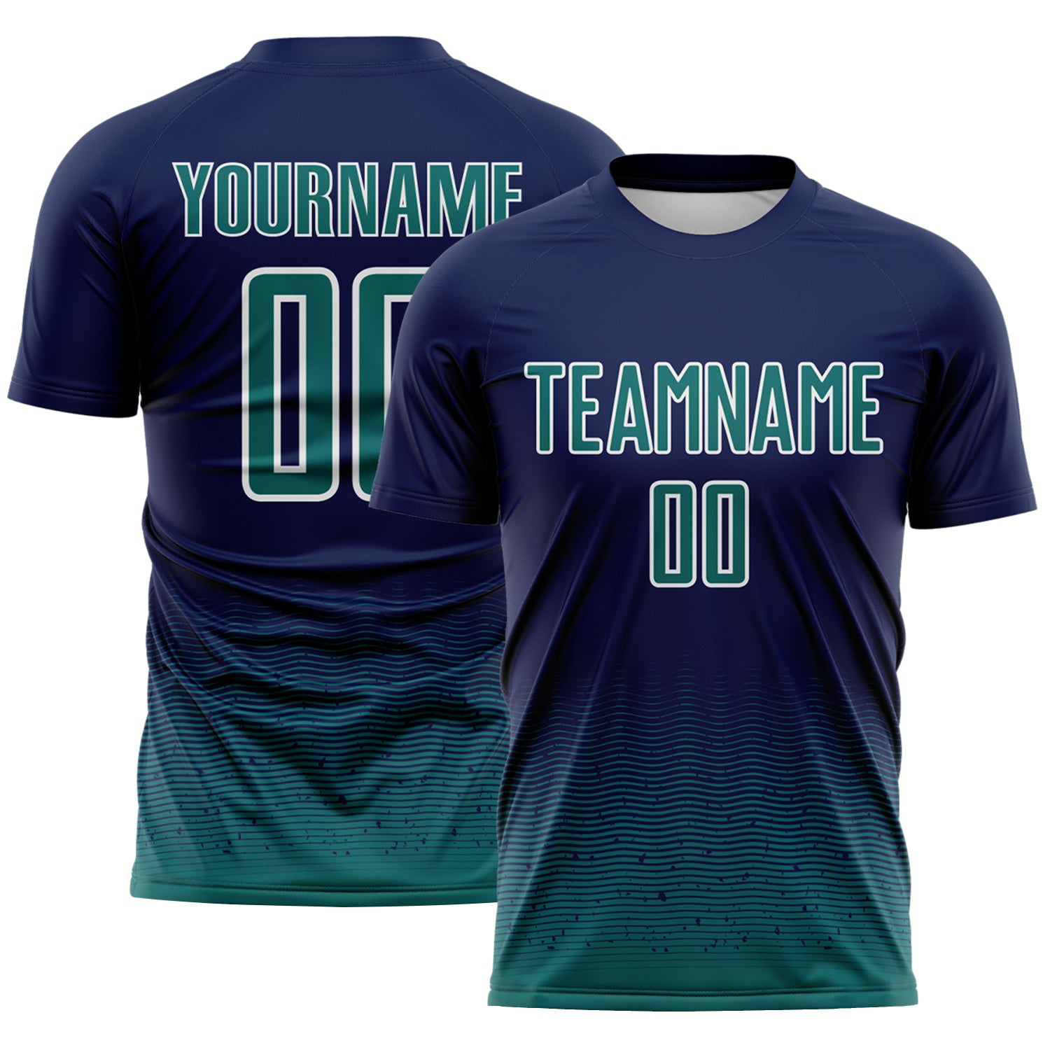 Custom Navy Teal-White Fade Wave Lines Splatter Sublimation Soccer Uniform Jersey