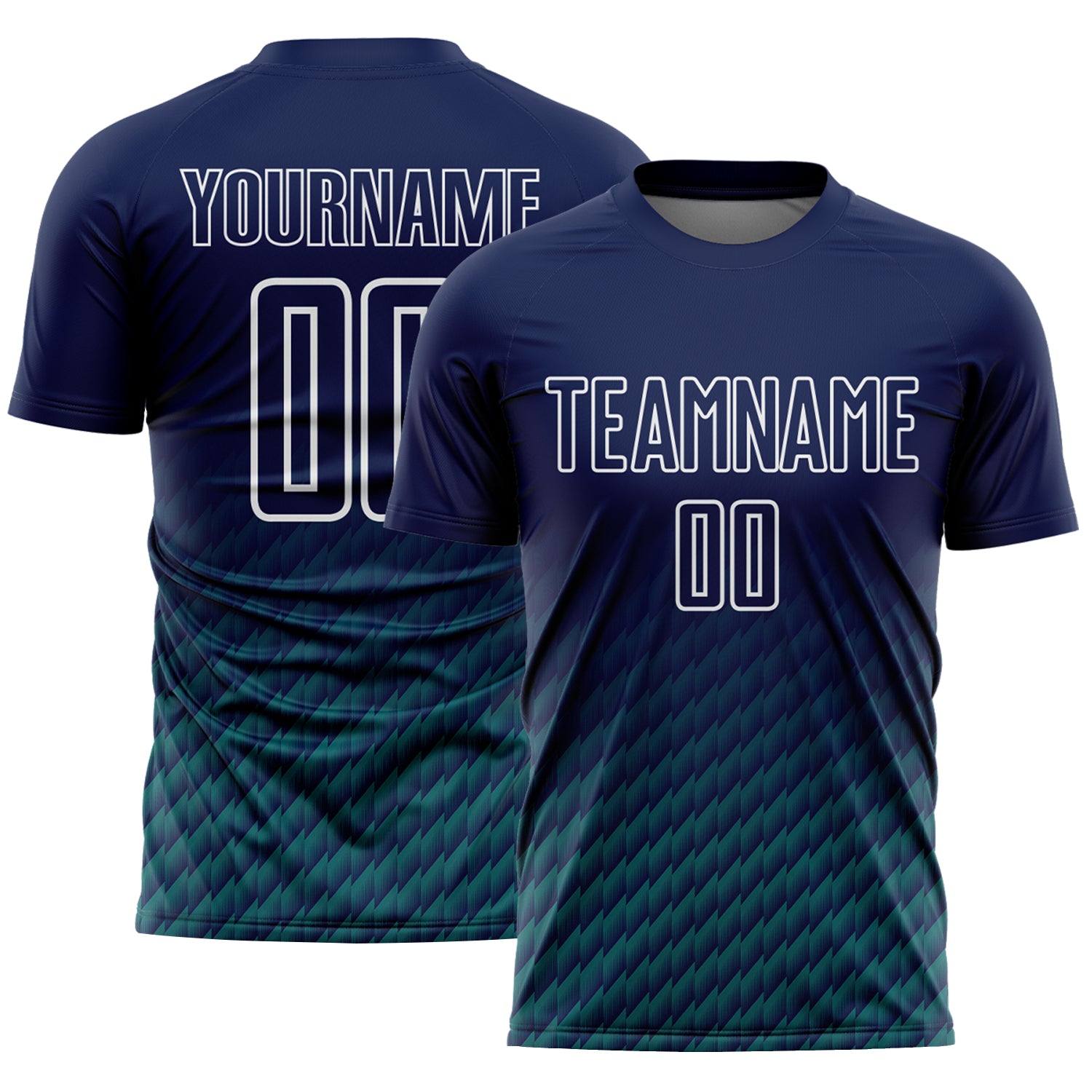 Custom Navy Teal-White Geometric Wave Gradient Sublimation Soccer Uniform Jersey