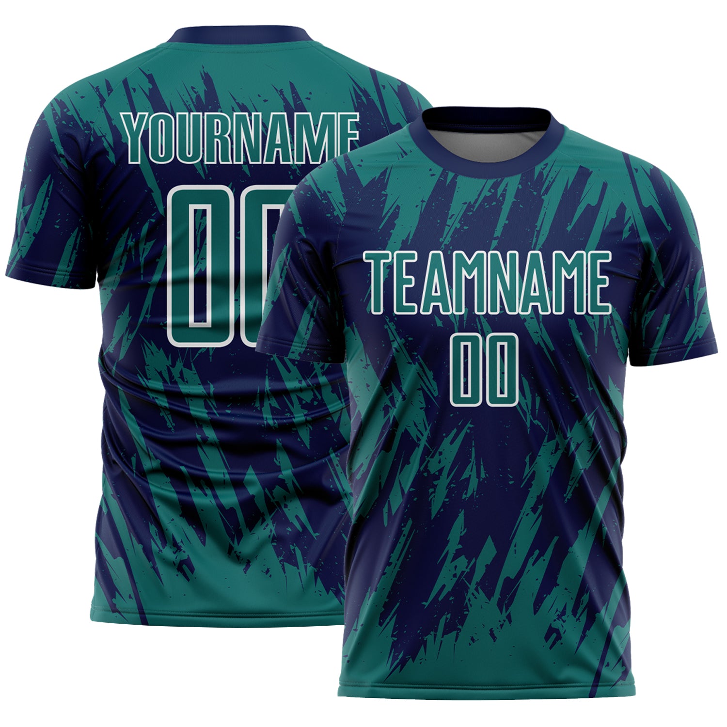 Custom Navy Teal-White Splatter Torn Sharp Brush Stroke Sublimation Soccer Uniform Jersey