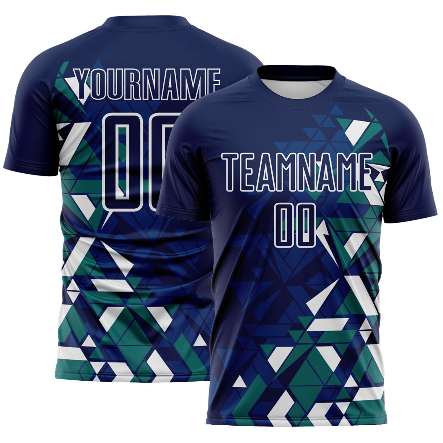 Custom Navy US Navy Blue Teal-White Geometric Grid Gradient Sublimation Soccer Uniform Jersey