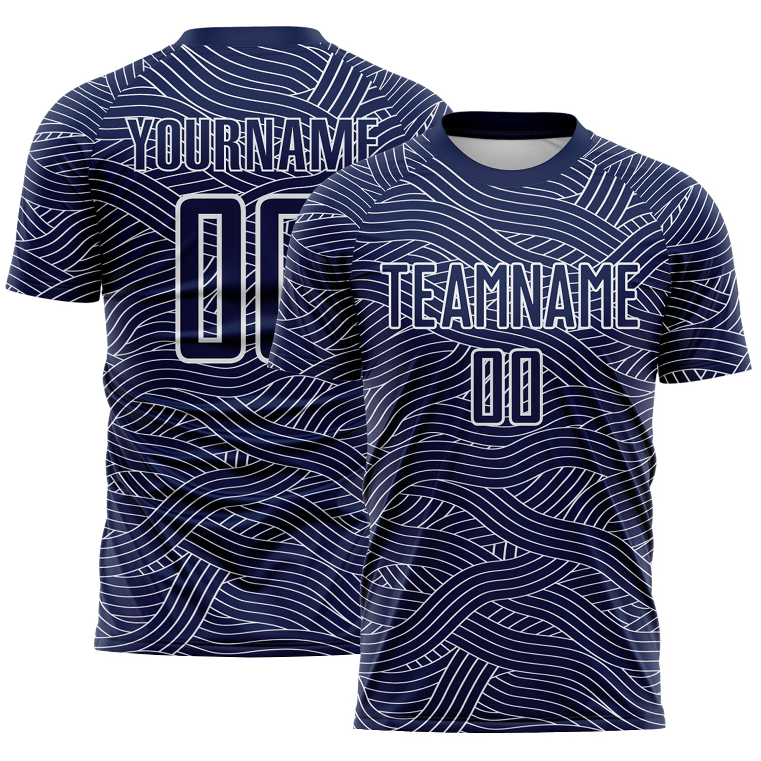 Custom Navy-White Abstract Wave Lines Interlocking Sublimation Soccer Uniform Jersey