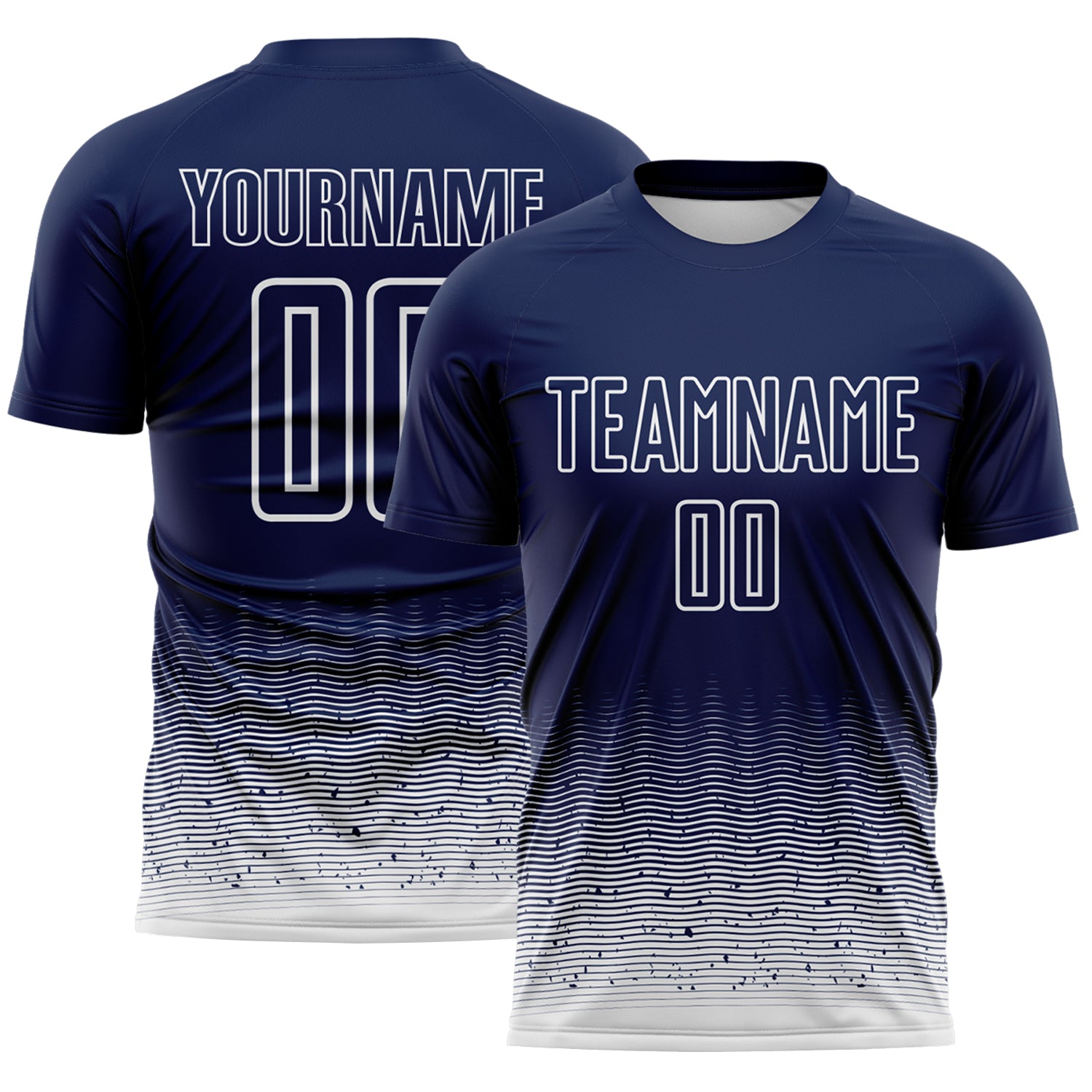 Custom Navy-White Fade Wave Lines Splatter Sublimation Soccer Uniform Jersey