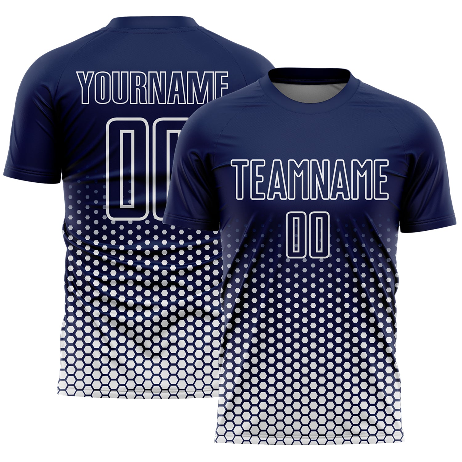 Custom Navy-White Geometric Hexagonal Dot Gradient Sublimation Soccer Uniform Jersey