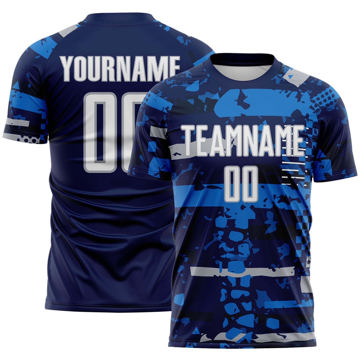 Custom Navy White Gray-Blue Abstract Geometric Stripe Fragment Sublimation Soccer Uniform Jersey