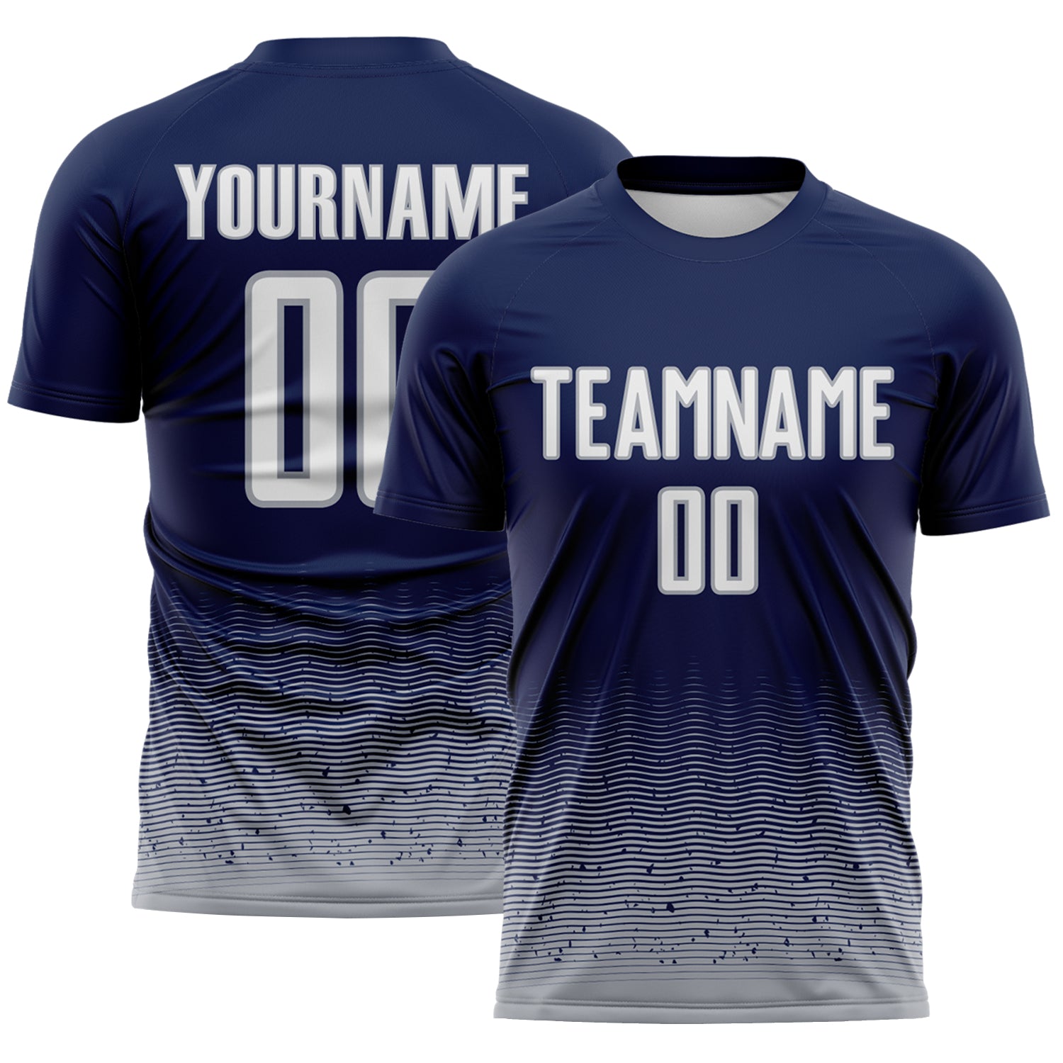 Custom Navy White-Gray Fade Wave Lines Splatter Sublimation Soccer Uniform Jersey