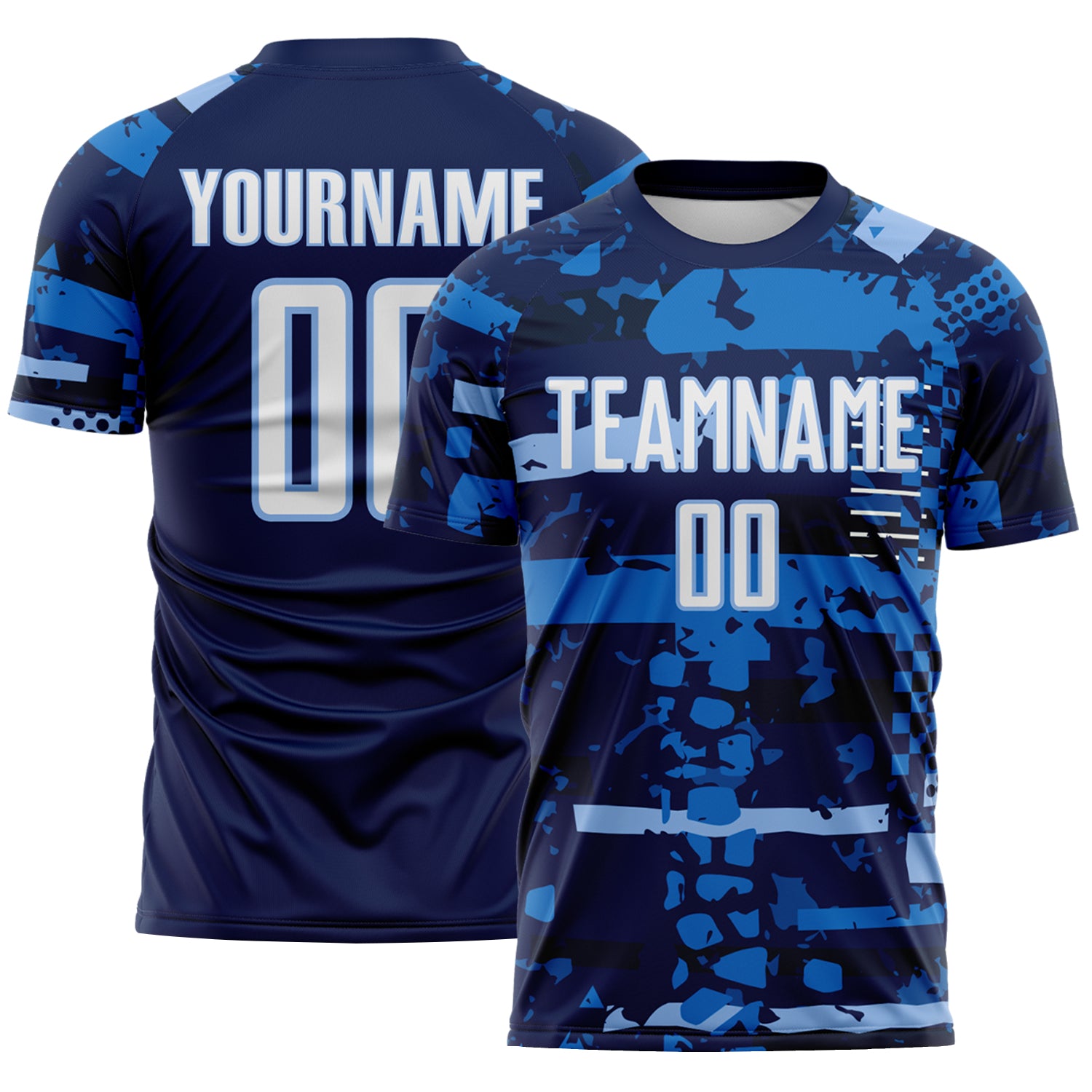 Custom Navy White Light Blue-Blue Abstract Geometric Stripe Fragment Sublimation Soccer Uniform Jersey