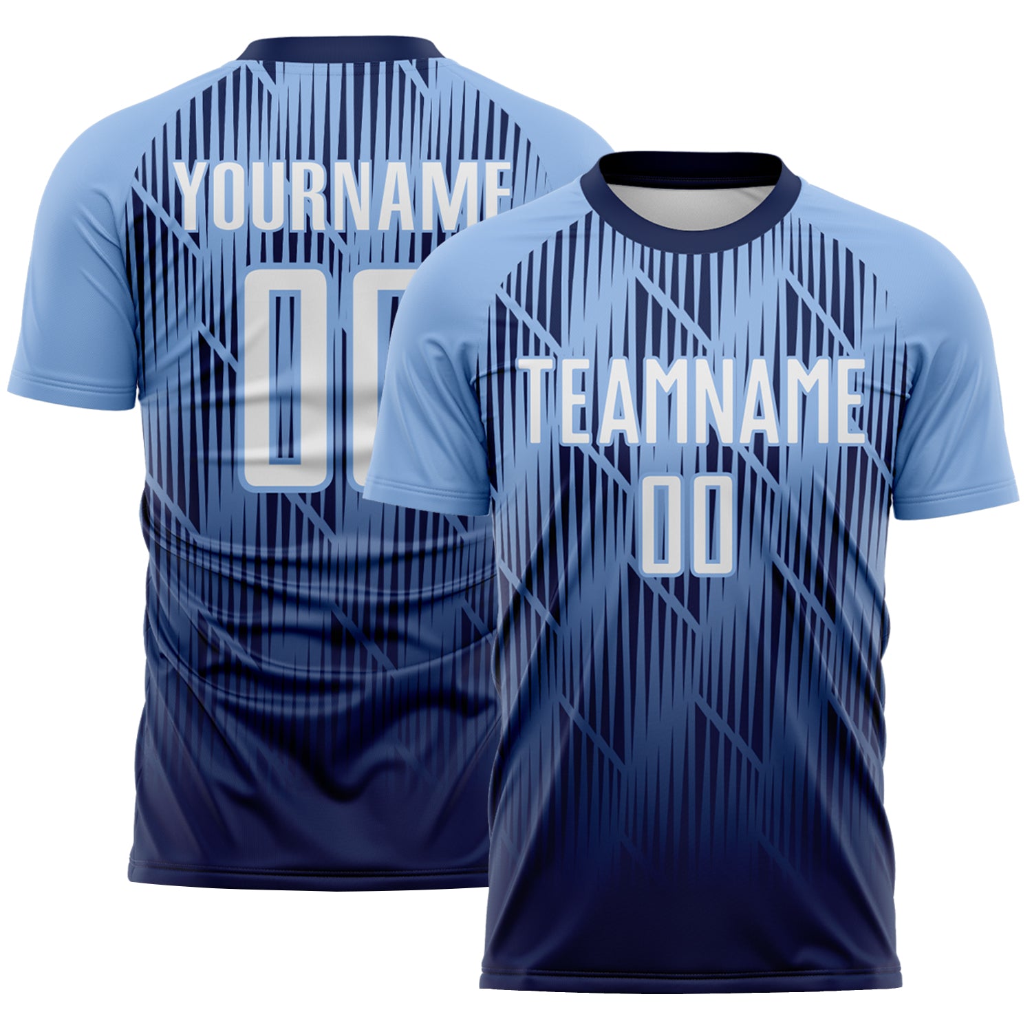 Custom Navy White-Light Blue Spiked Sharp Lines Gradient Sublimation Soccer Uniform Jersey