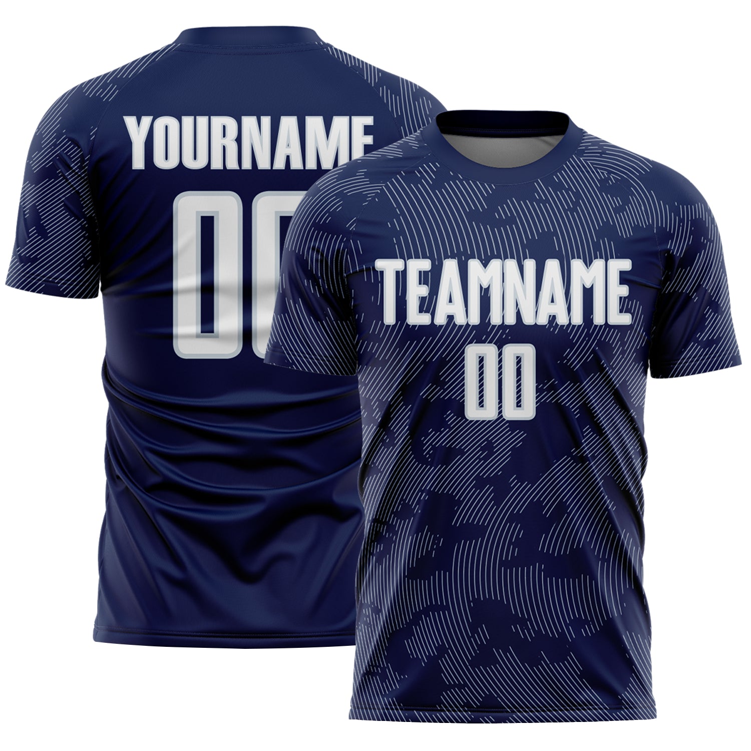 Custom Navy White-Silver Curve Lines Sublimation Soccer Uniform Jersey