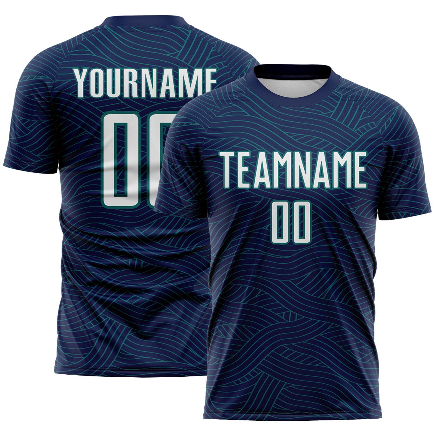 Custom Navy White-Teal Abstract Wave Lines Interlocking Sublimation Soccer Uniform Jersey