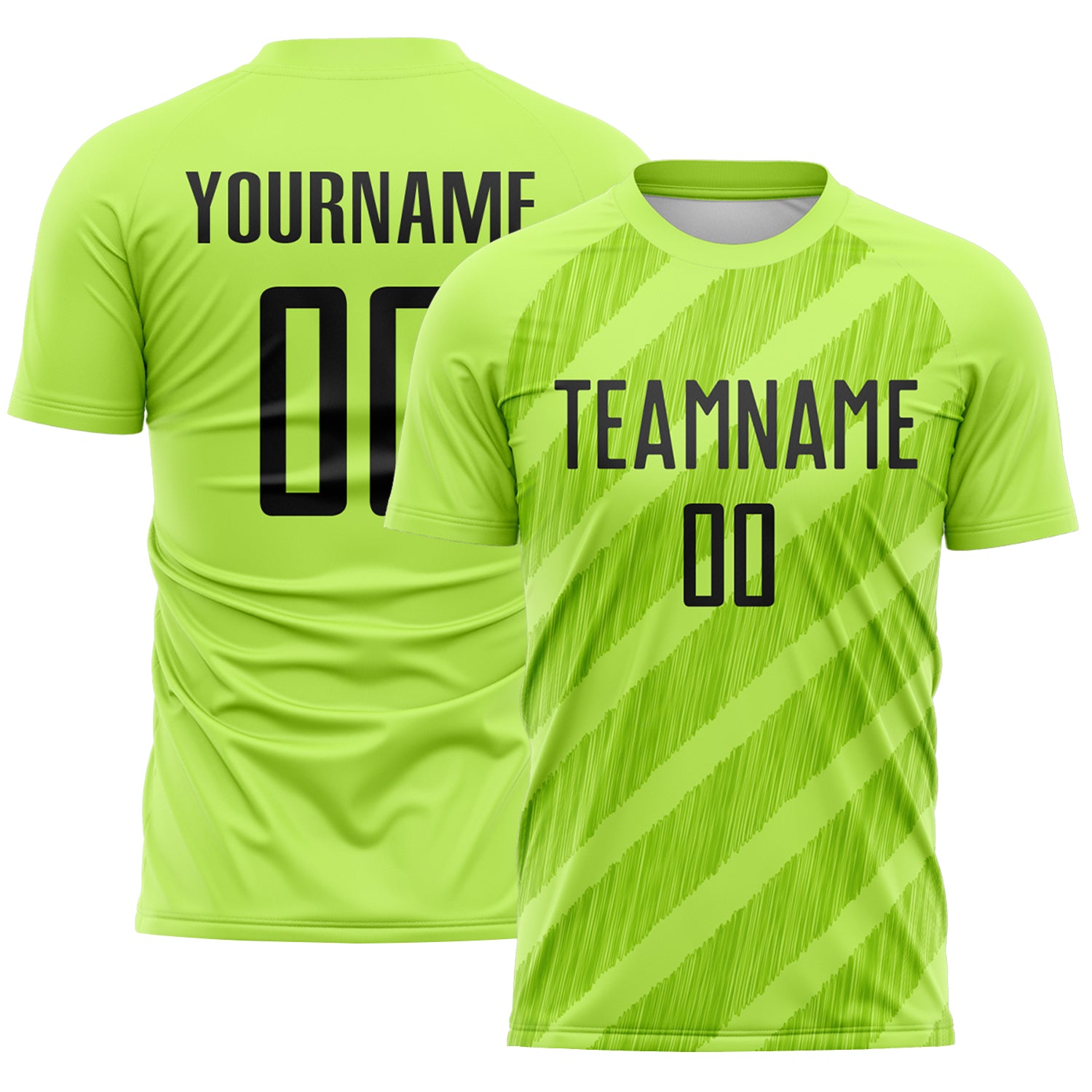 Custom Neon Green-Black Diagonal Stripes Sublimation Soccer Uniform Jersey