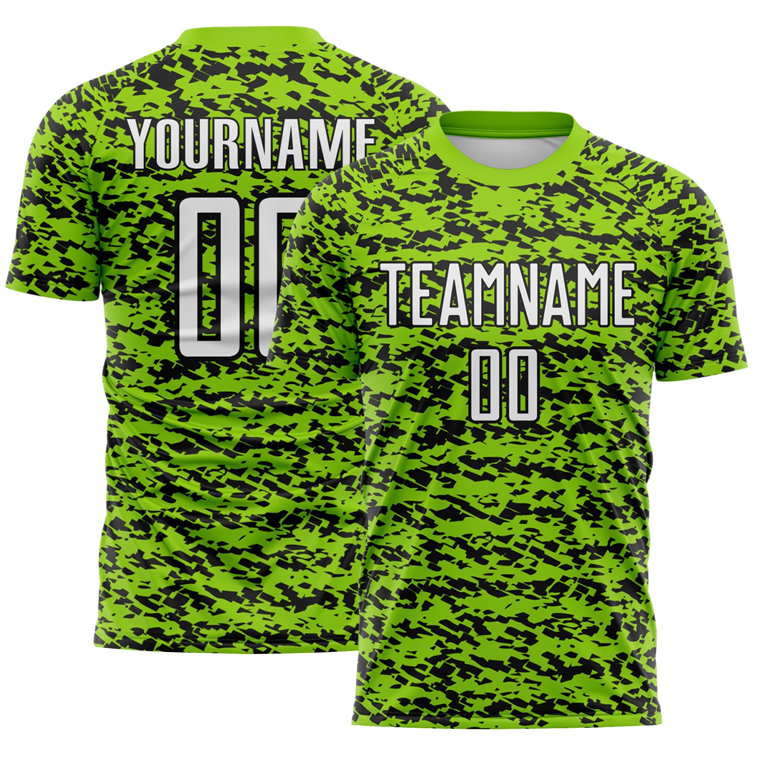 Custom Neon Green-Black Geometric Fragment Splatter Sublimation Soccer Uniform Jersey