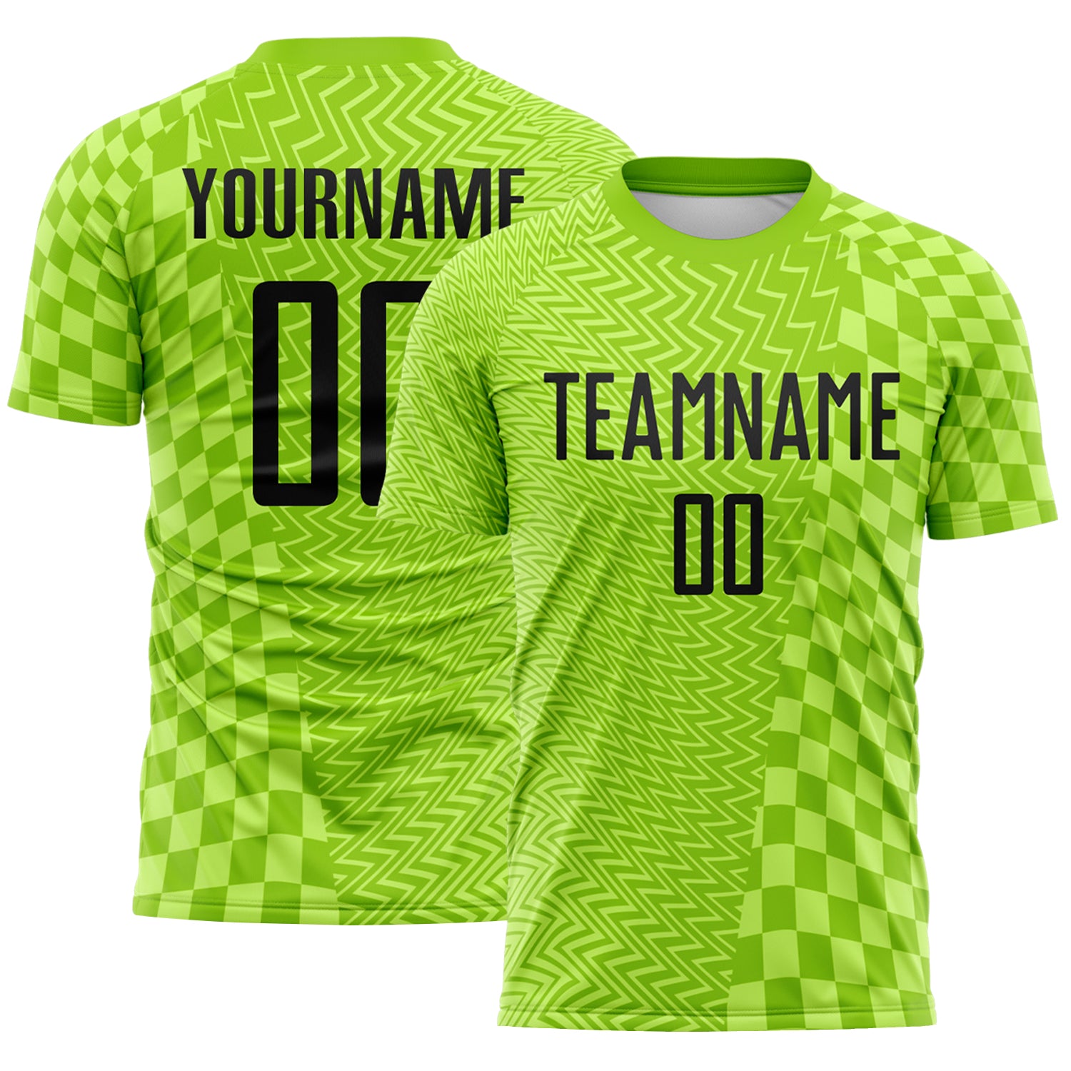 Custom Neon Green-Black Geometric Patchwork Asymmetry Checkered Zigzag Lines Sublimation Soccer Uniform Jersey