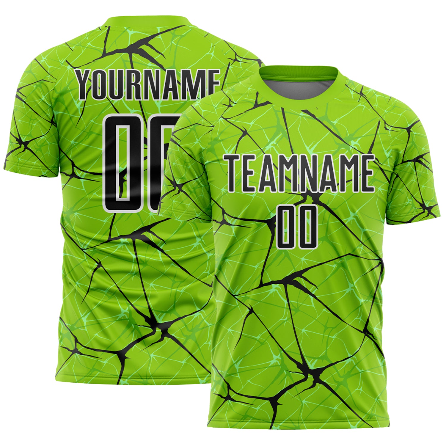Custom Neon Green Black-White Abstract Network Crackle Sublimation Soccer Uniform Jersey