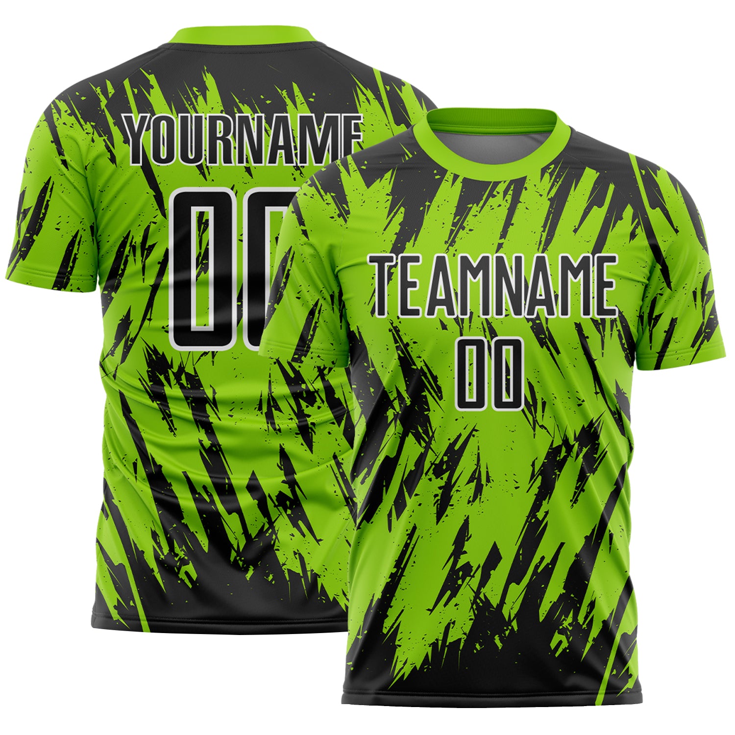 Custom Neon Green Black-White Splatter Torn Sharp Brush Stroke Sublimation Soccer Uniform Jersey