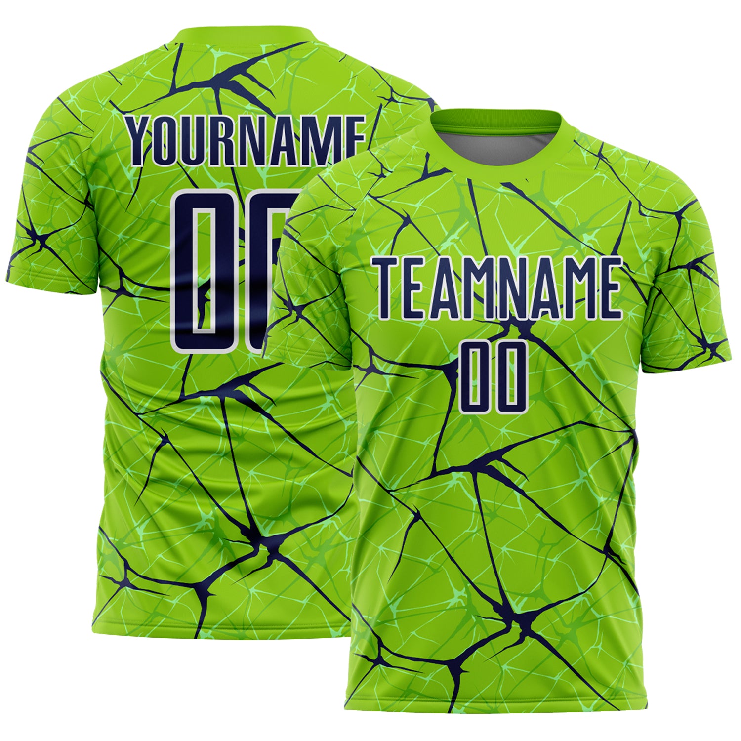 Custom Neon Green Navy-White Abstract Network Crackle Sublimation Soccer Uniform Jersey