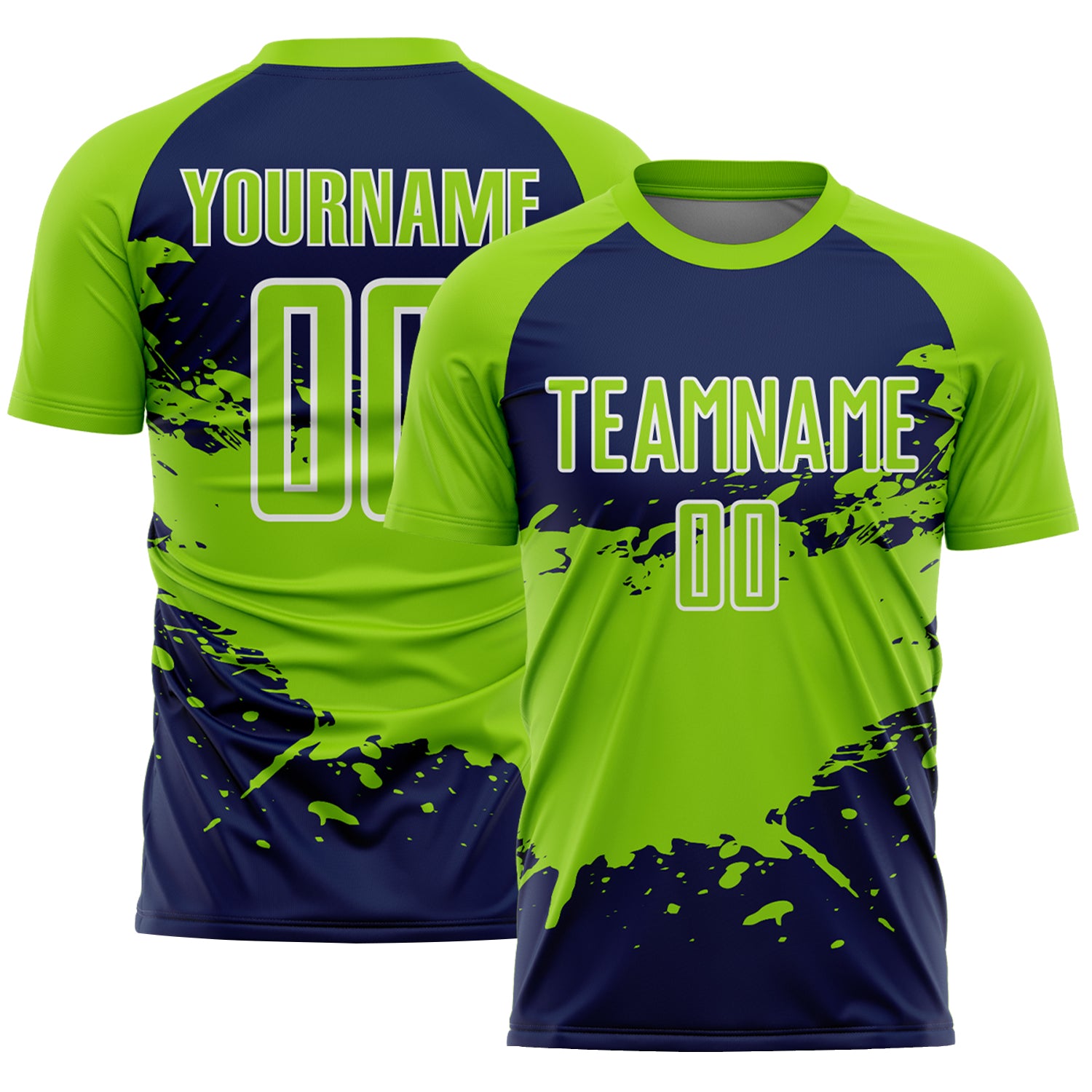 Custom Neon Green Navy-White Splash Color Block Sublimation Soccer Uniform Jersey