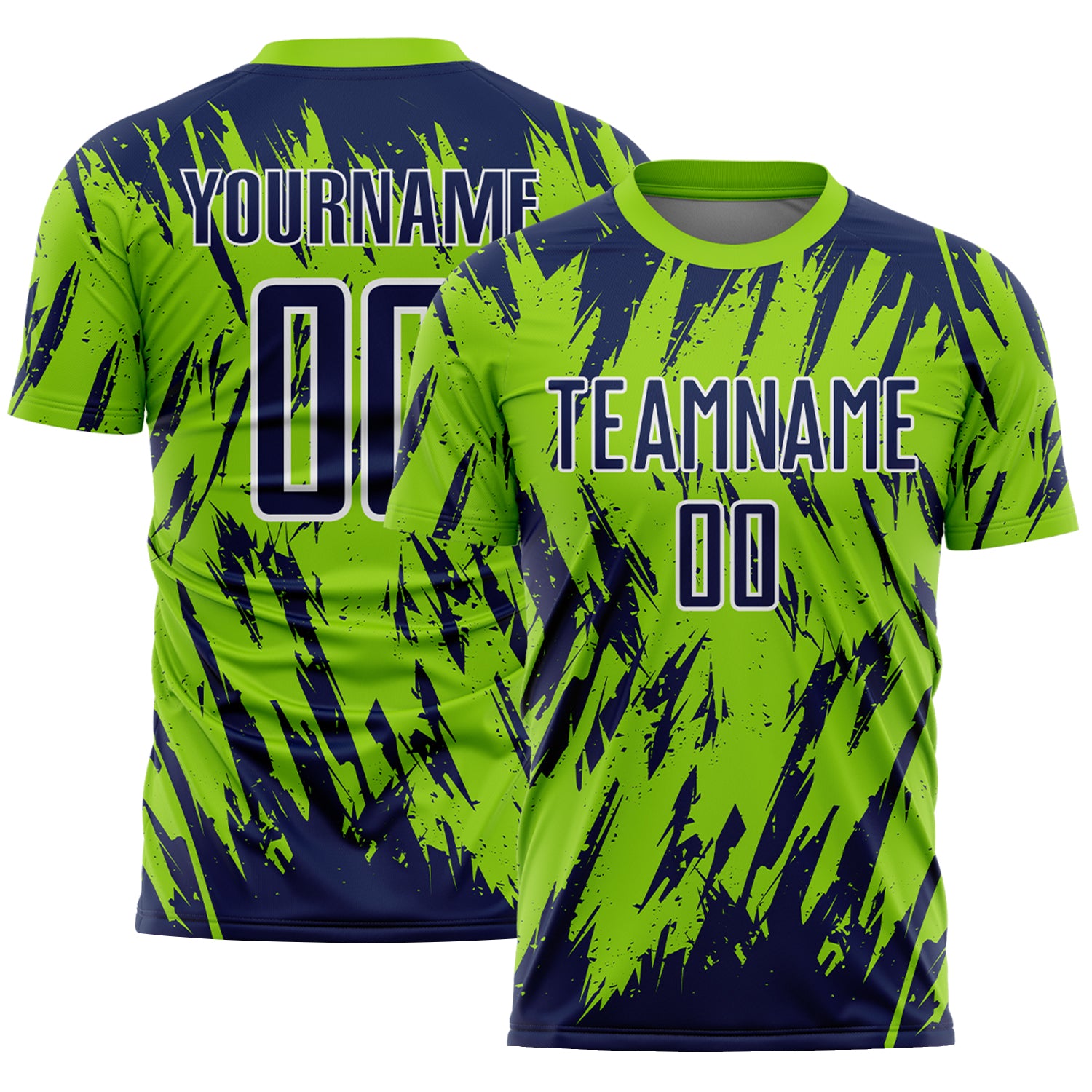 Custom Neon Green Navy-White Splatter Torn Sharp Brush Stroke Sublimation Soccer Uniform Jersey