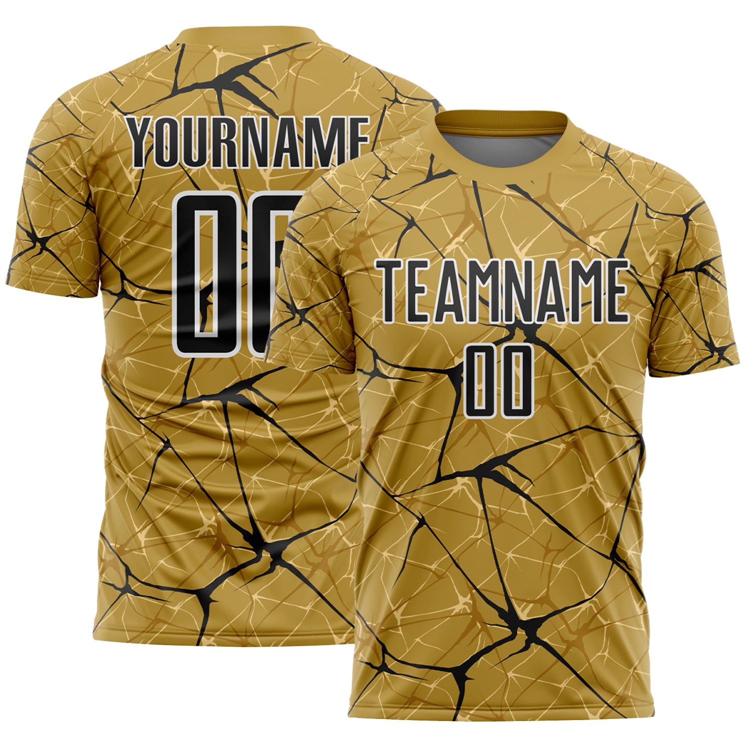 Custom Old Gold Black-White Abstract Network Crackle Sublimation Soccer Uniform Jersey