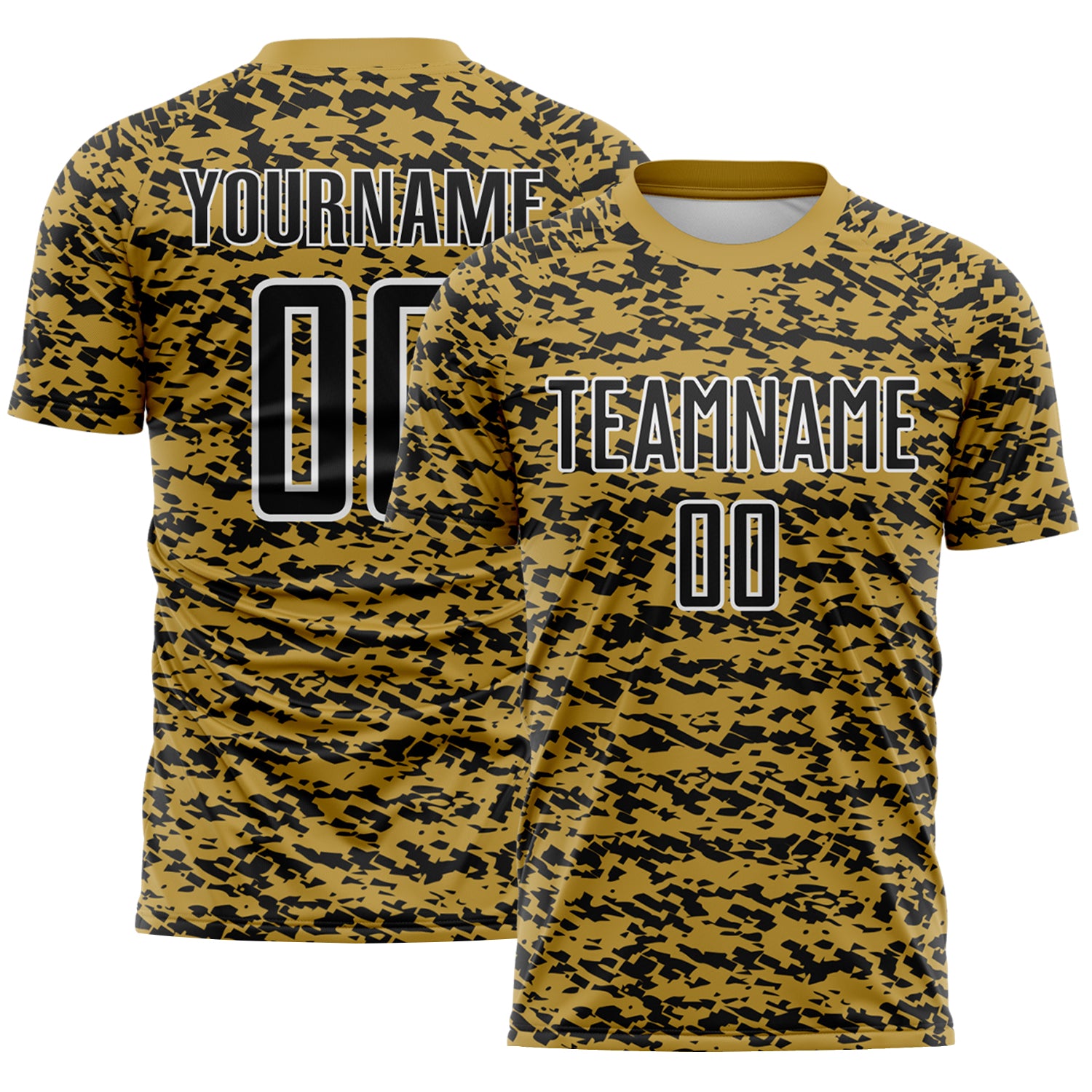 Custom Old Gold Black-White Geometric Fragment Splatter Sublimation Soccer Uniform Jersey
