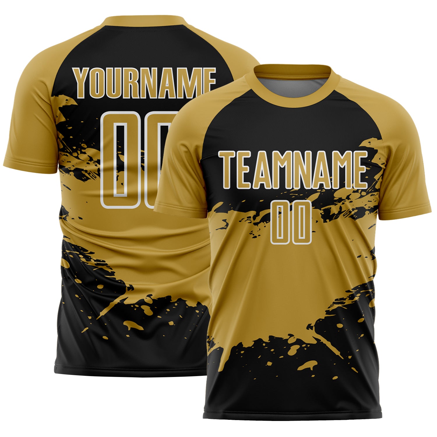 Custom Old Gold Black-White Splash Color Block Sublimation Soccer Uniform Jersey
