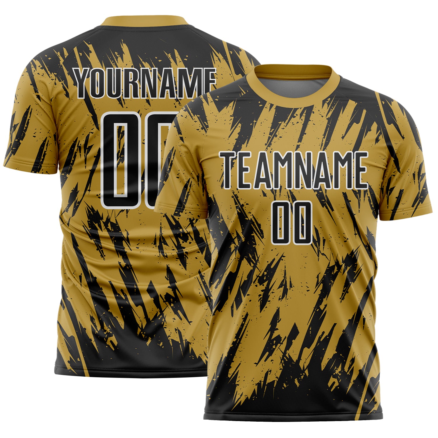 Custom Old Gold Black-White Splatter Torn Sharp Brush Stroke Sublimation Soccer Uniform Jersey