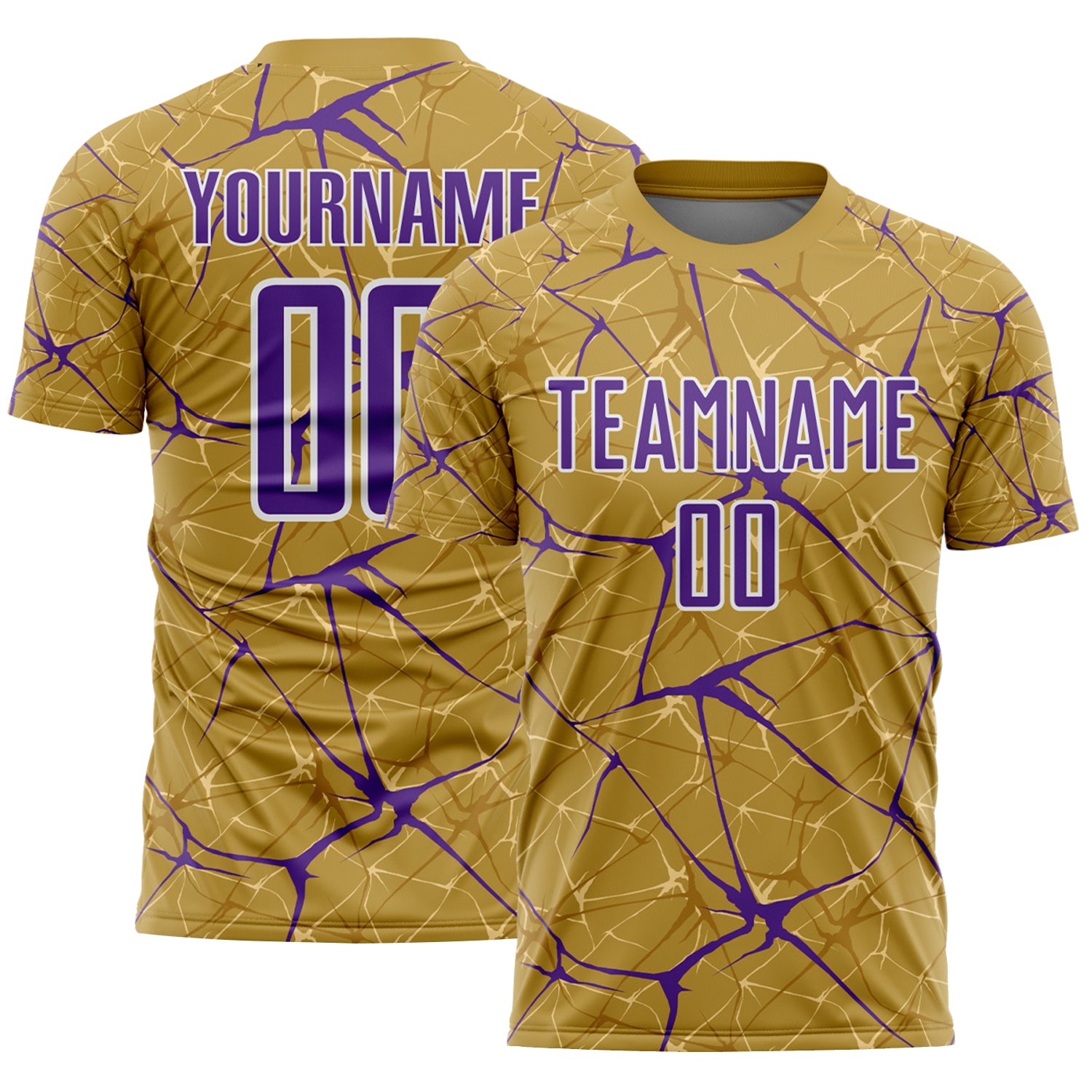 Custom Old Gold Purple-White Abstract Network Crackle Sublimation Soccer Uniform Jersey
