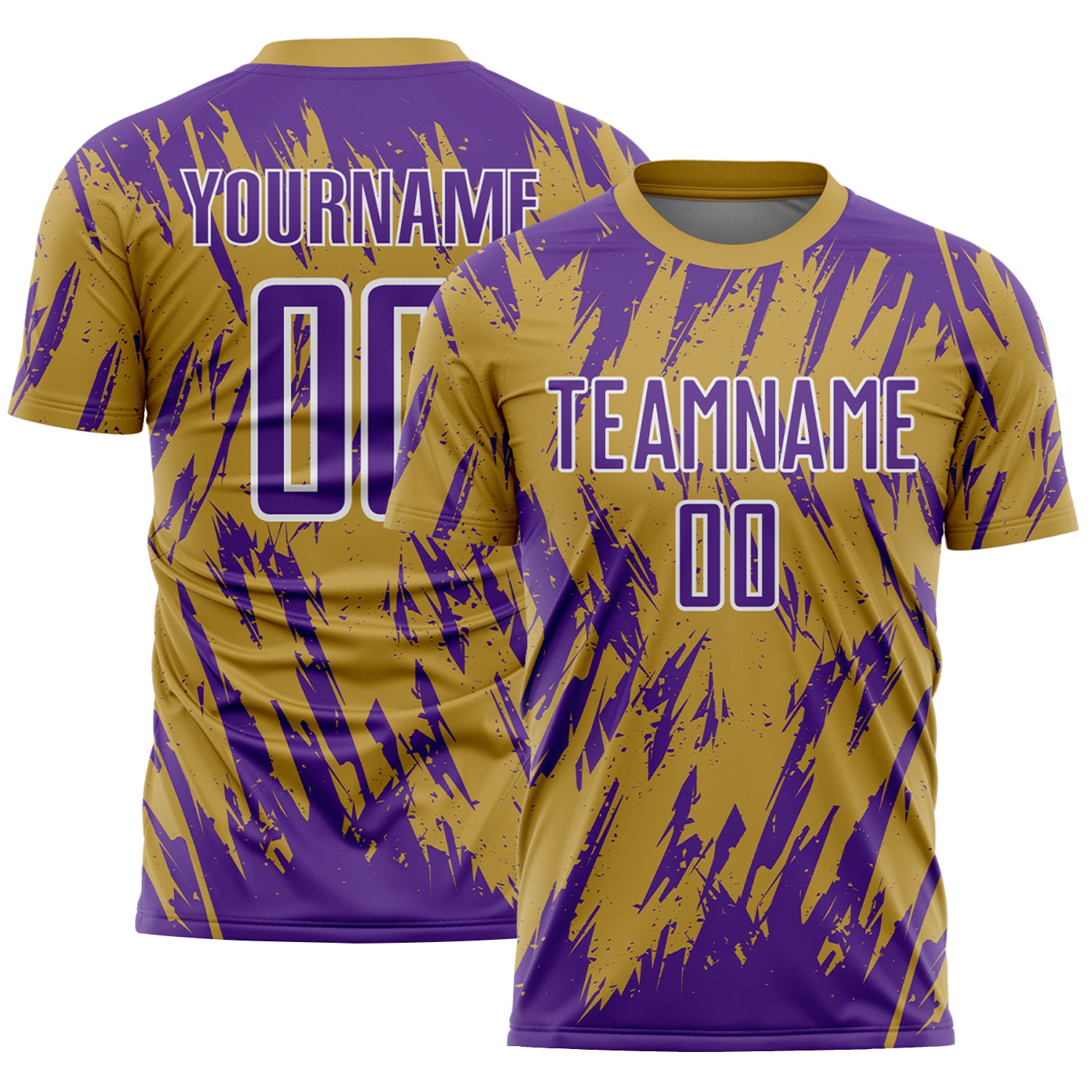 Custom Old Gold Purple-White Splatter Torn Sharp Brush Stroke Sublimation Soccer Uniform Jersey