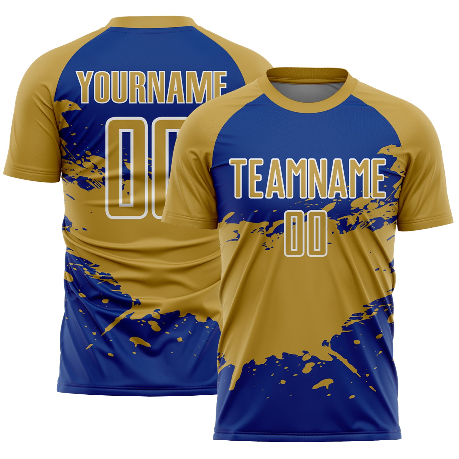 Custom Old Gold Royal-White Splash Color Block Sublimation Soccer Uniform Jersey
