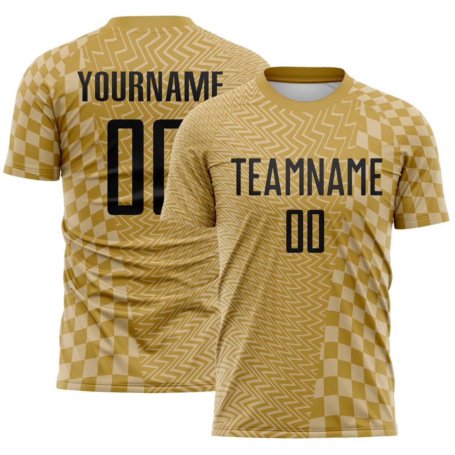 Custom Old Gold-White Geometric Patchwork Asymmetry Checkered Zigzag Lines Sublimation Soccer Uniform Jersey