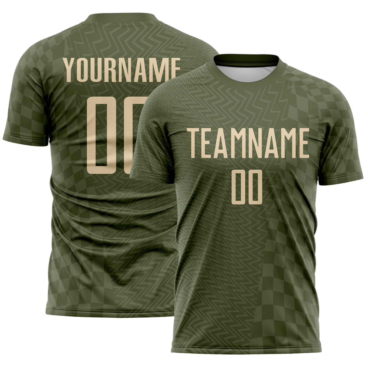 Custom Olive-City Cream Geometric Patchwork Asymmetry Checkered Zigzag Lines Sublimation Soccer Uniform Jersey