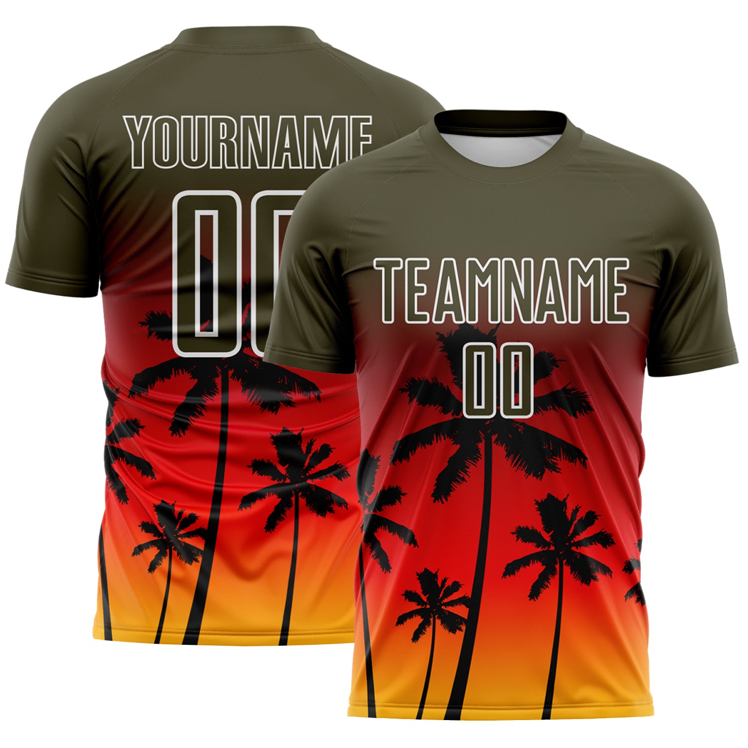 Custom Olive Fire Red Gold-White Tropical Hawaii Palm Trees Gradient Sublimation Soccer Uniform Jersey